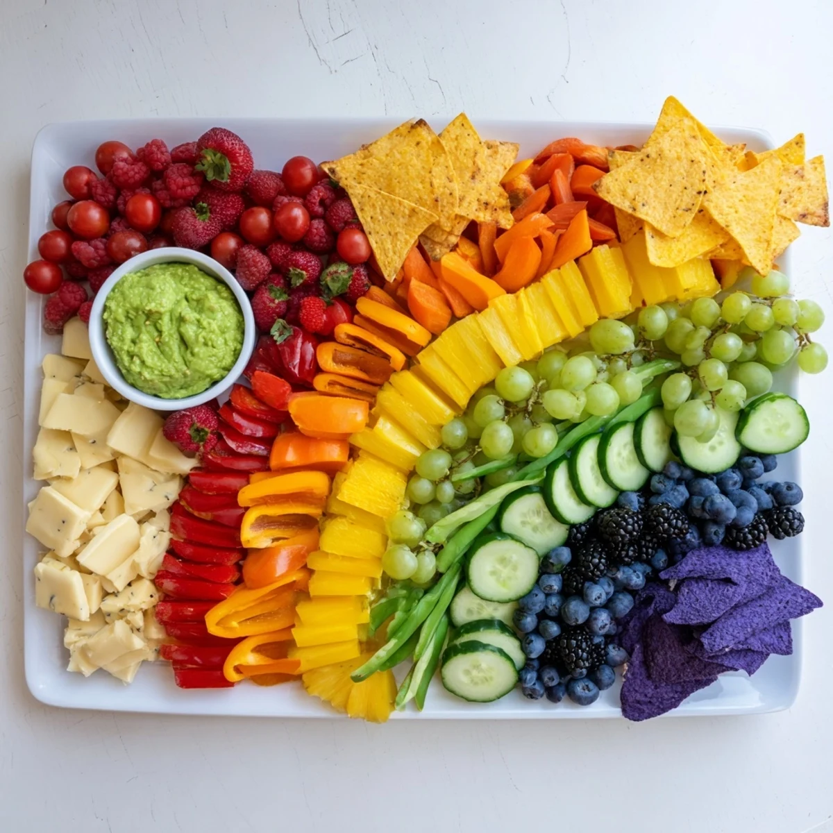 Rainbow Pride Spectrum grazing board overflowing with colorful fruits and vegetables, delicious and vibrant.