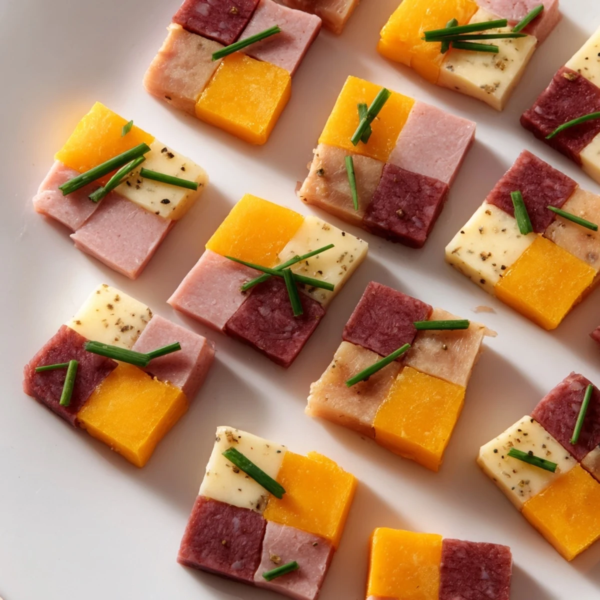 Checkerboard Picnic Bites: A close-up view of perfectly arranged deli meats and cheeses for a visually appealing appetizer.