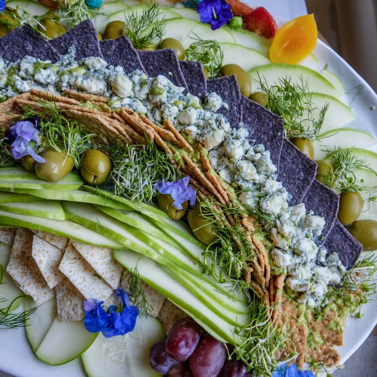 Appetizing Deep Sea Ocean Wave platter with blue cheese, olives, and colorful green accents for your guests.