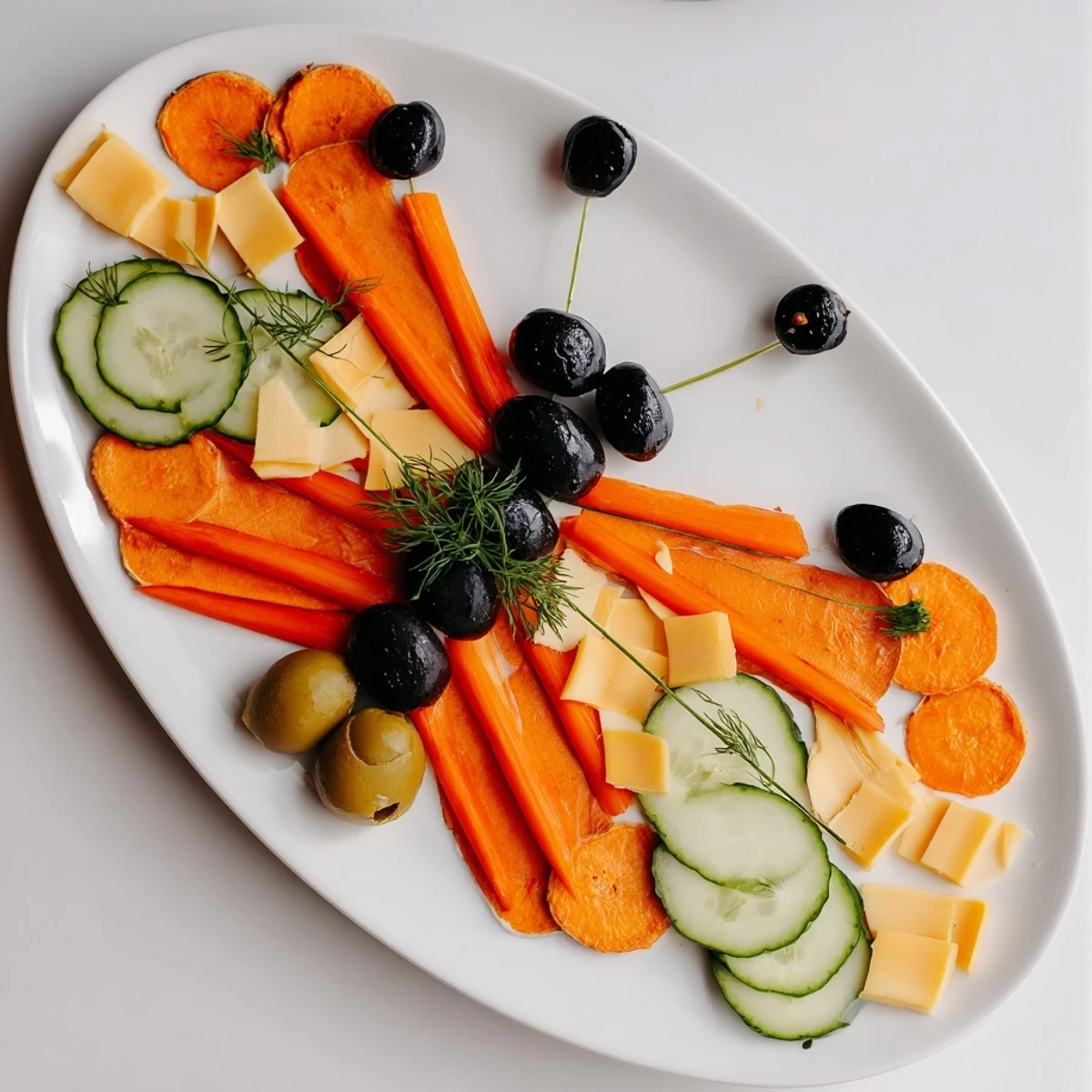 Monarch butterfly wings appetizer platter features vibrant orange and black elements beautifully arranged.