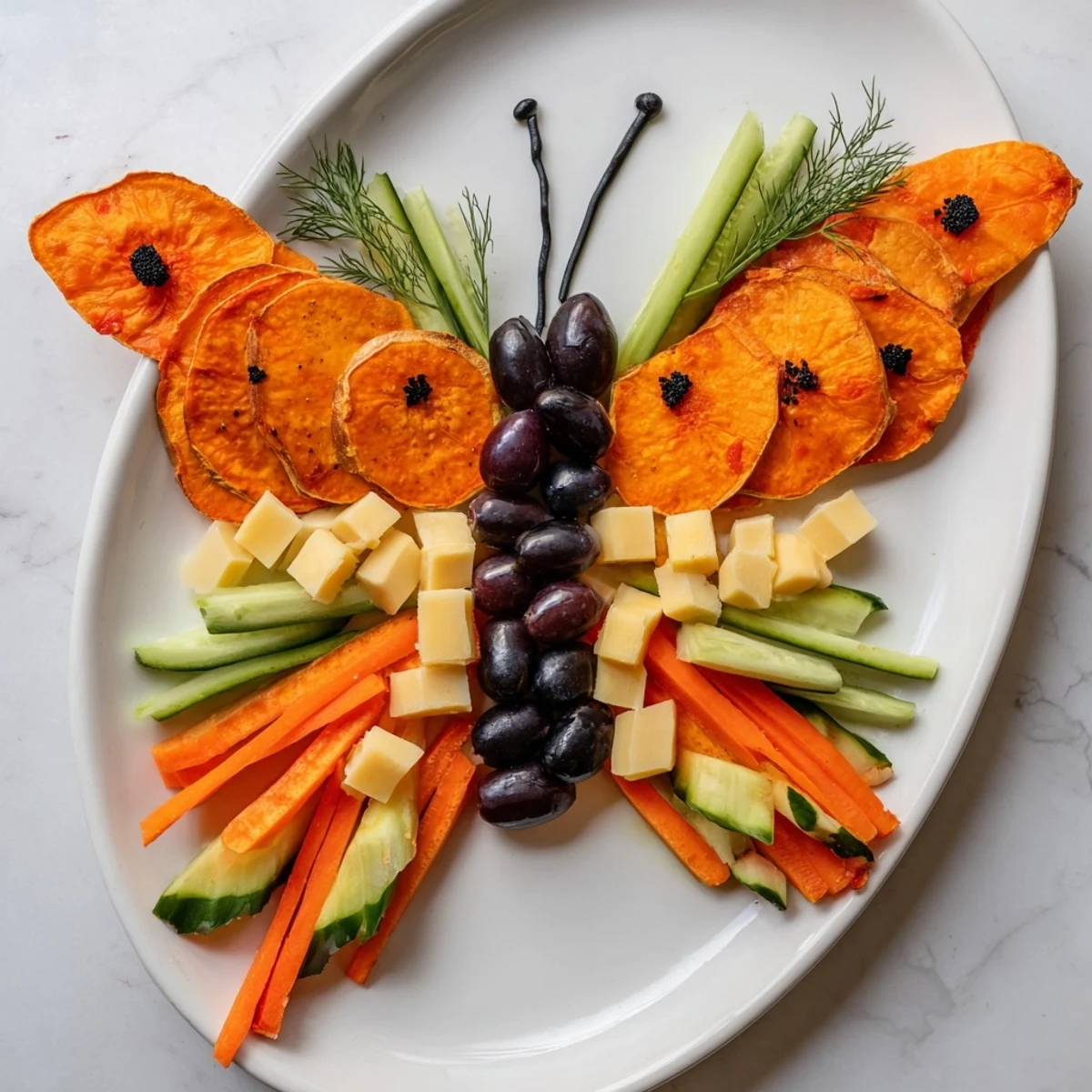 This eye-catching platter of monarch butterfly wings displays roasted sweet potatoes and olives, ready to enjoy.