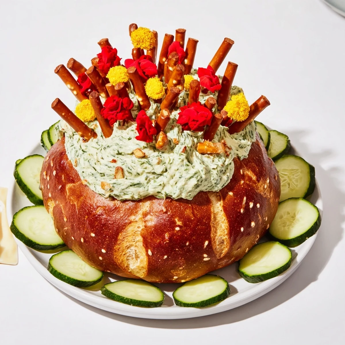 The Desert Cactus Bloom appetizer shows a vibrant bread loaf decorated with pretzel "needles" and fruit leather flowers.