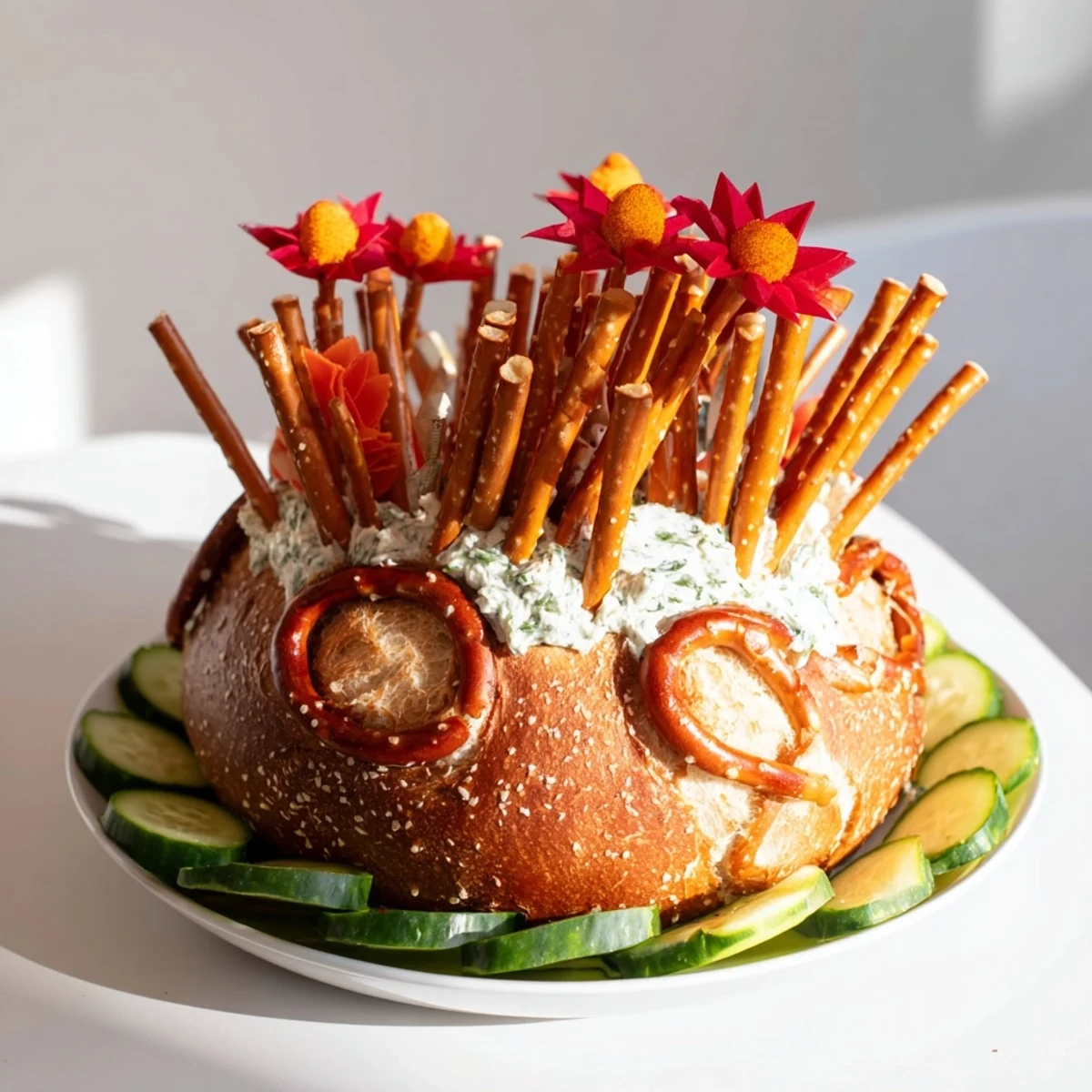 Vivid image of The Desert Cactus Bloom features bread "cactus" with edible fruit leather blooms for a fun appetizer.