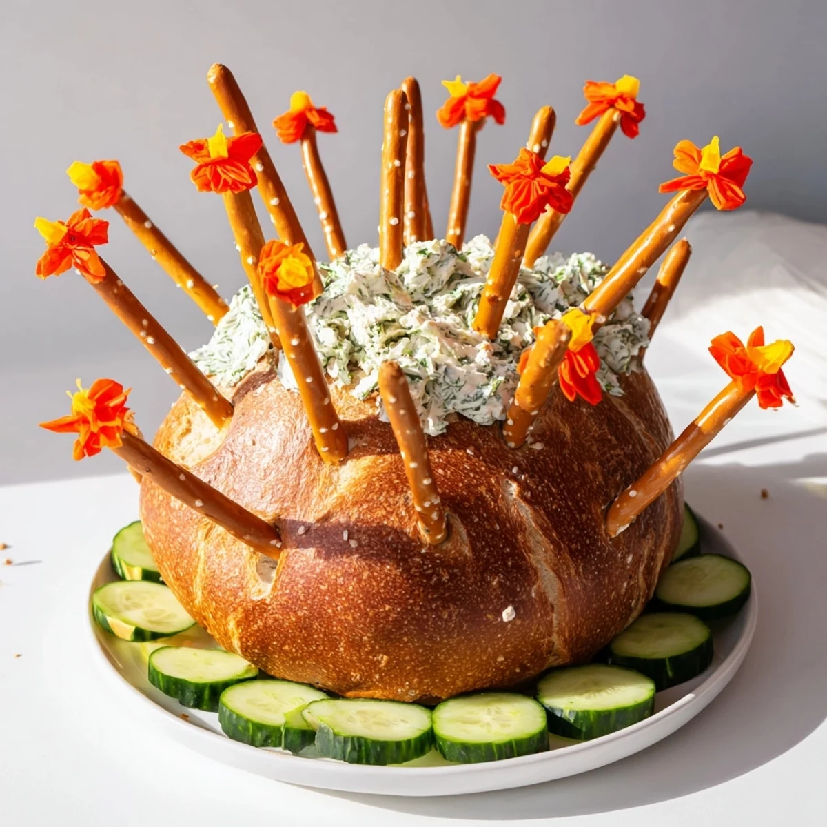 Appetizing arrangement: Creative The Desert Cactus Bloom, perfect for a party, with cucumber "pads" and vibrant flowers.