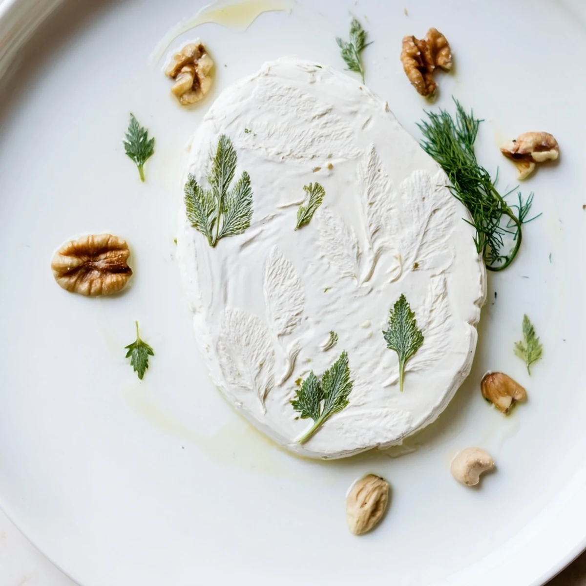 Creamy goat cheese appetizer, The Fossil Record, presents herb imprints and cracked nuts perfectly.