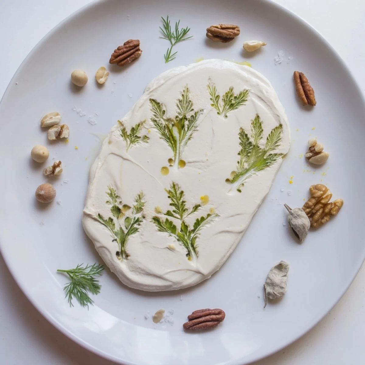 Appetizing The Fossil Record appetizer showcases soft cheese impressions of herbs encircled by rustic nuts.