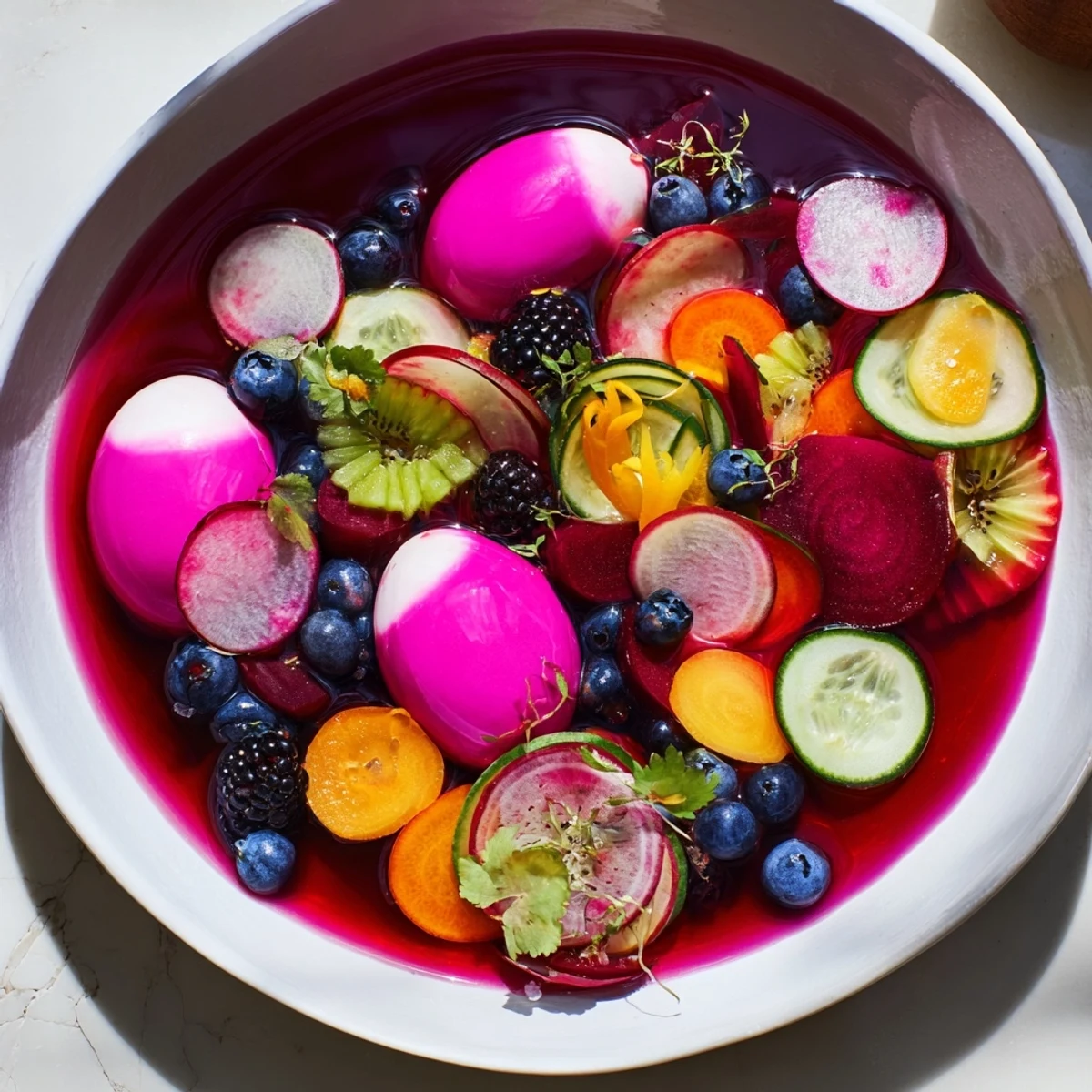 Enjoy The Neon Night: beautifully arranged colorful pickles, jewel-toned eggs, and assorted fresh fruit.