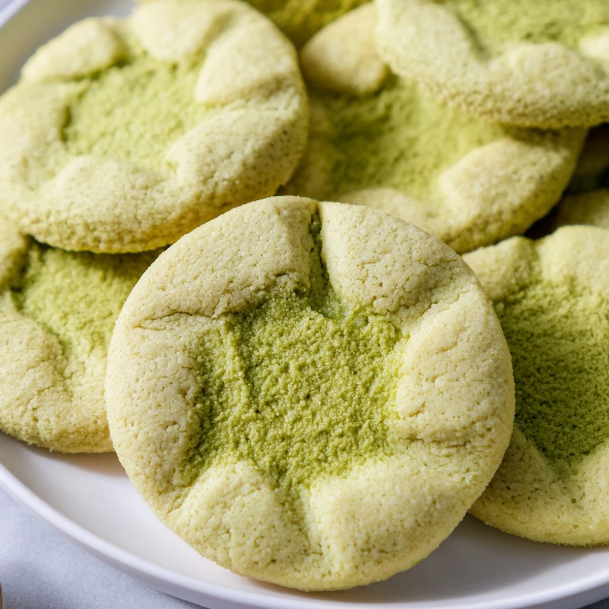 Matcha cranberry shortbread thumbprint cookies with vibrant green dough, jam filling, ready to eat.