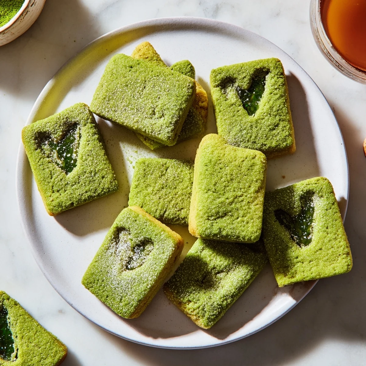 Freshly baked matcha cranberry shortbread thumbprint cookies, showing off a delightful, sweet, and tart taste.
