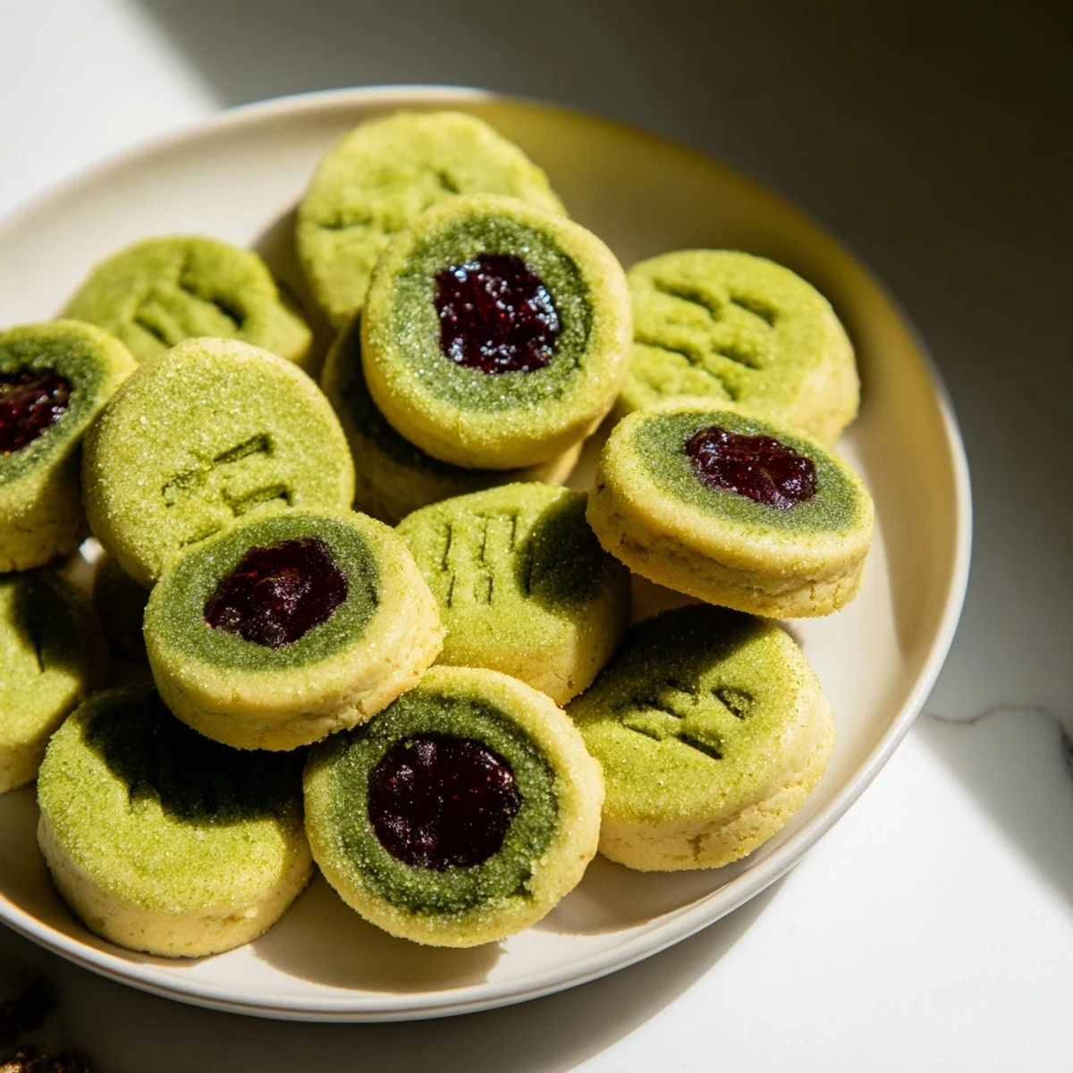 These matcha cranberry shortbread thumbprint cookies display a beautiful arrangement, great for holiday baking.