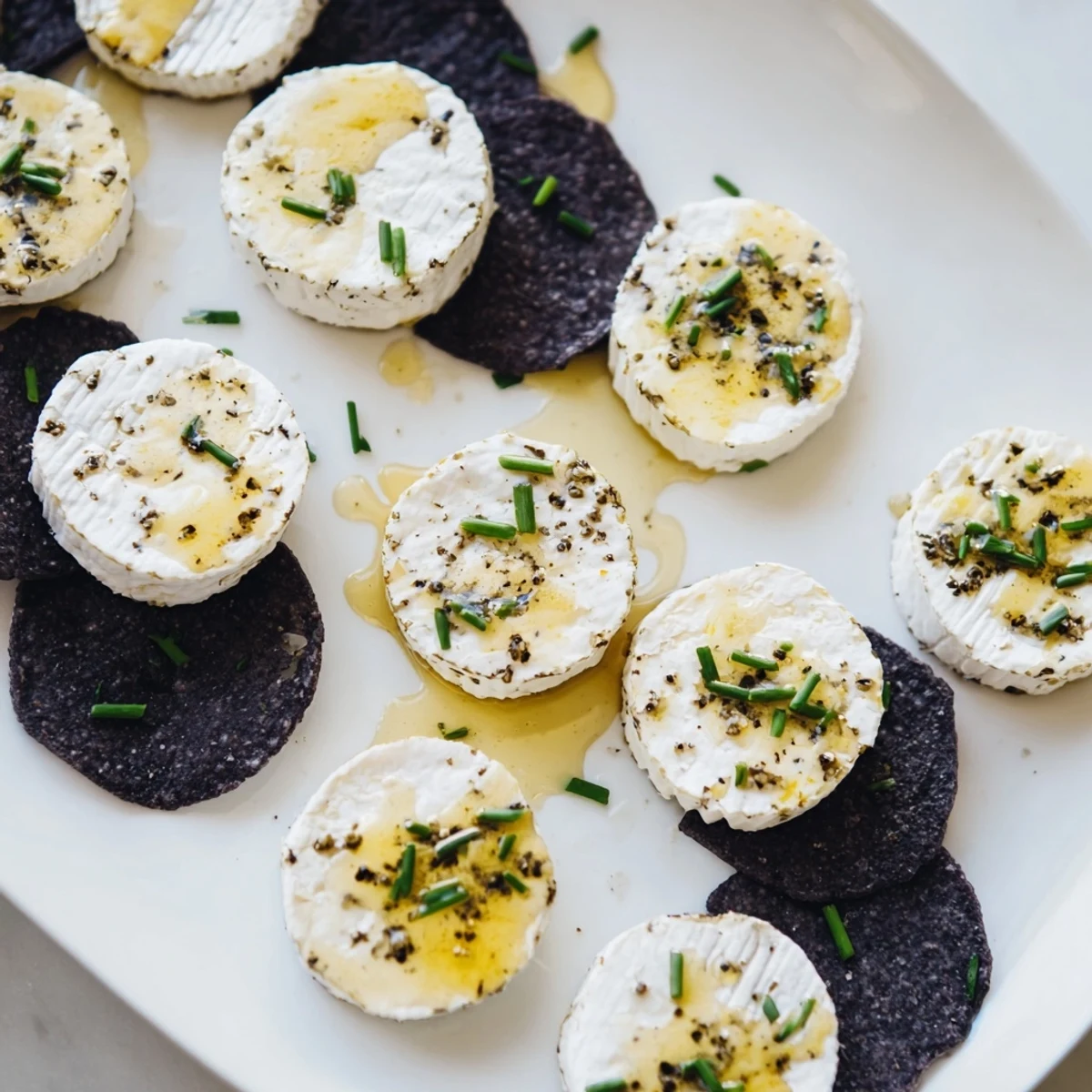 The Stepping Stones appetizer features cheese rounds like stepping stones over blue corn chips.