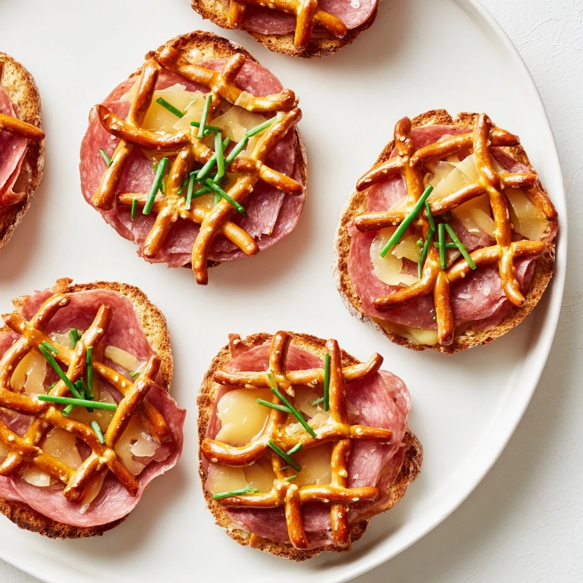 Lattice Window appetizer: a beautiful arrangement of pretzel sticks layered over meats and cheeses, ready to be enjoyed.