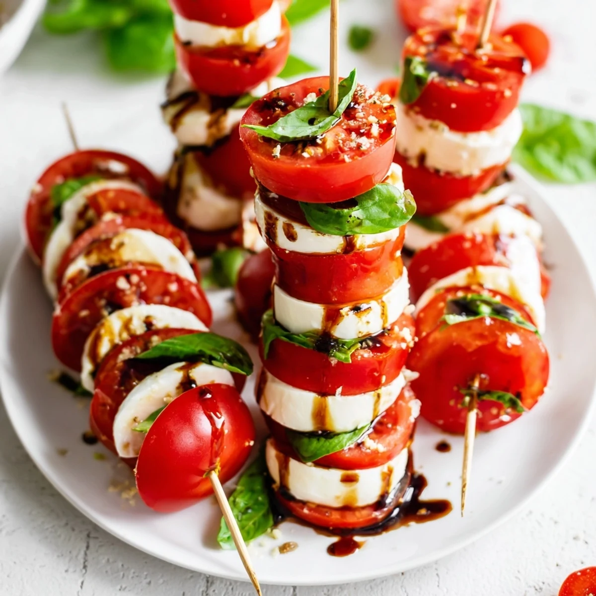 Vertical, layered Tuscan Pillars: fresh mozzarella and tomato slices with basil, ready to eat.
