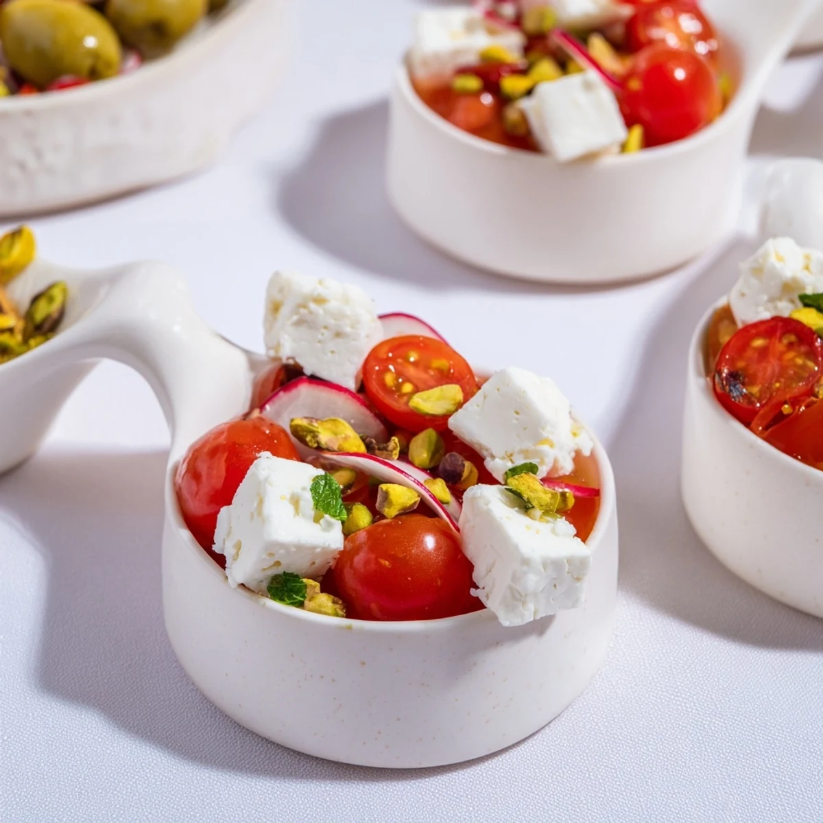 Elegant Hanging Gardens display featuring goat cheese and feta with refreshing cucumber slices among the dips.