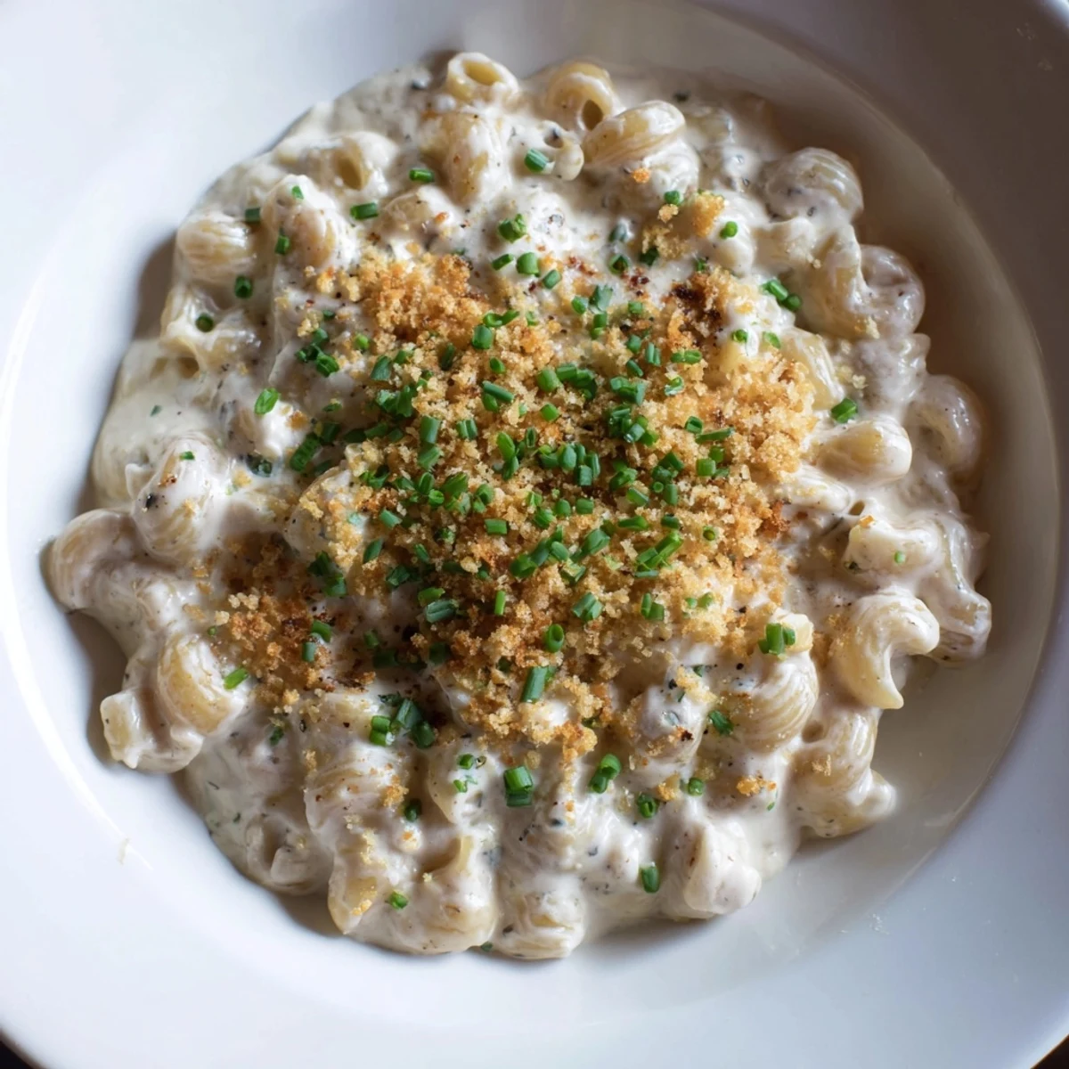 Steaming bowl of Cottage Cheese Mac and Cheese topped with fresh green herbs, ready to serve.