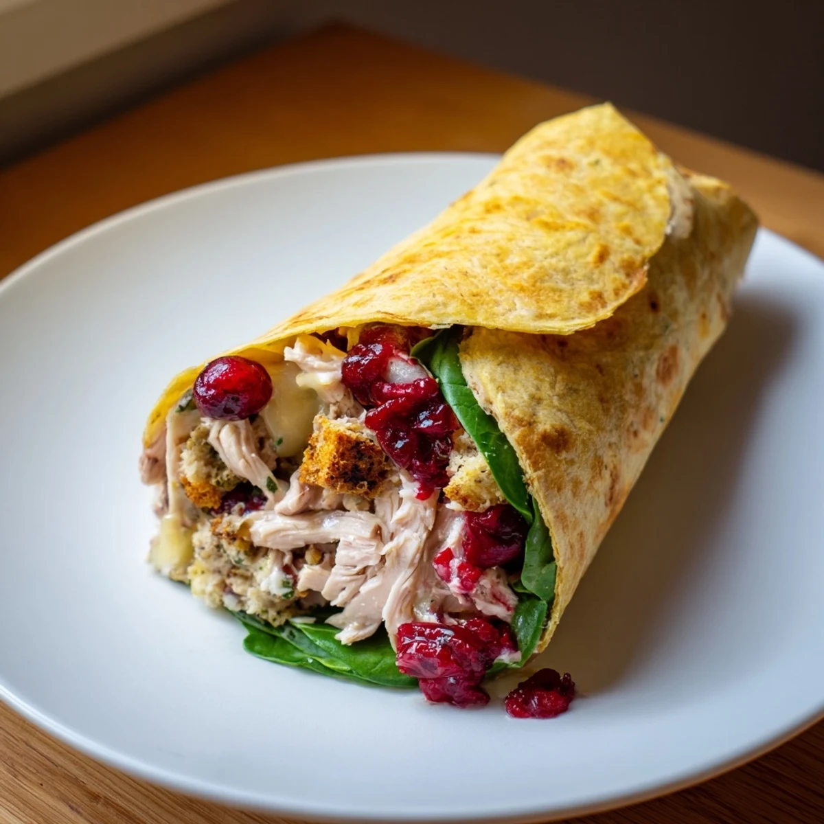 Enjoying a warm bite of a delicious Moist Maker Chicken Wrap filled with savory chicken and cranberry sauce.