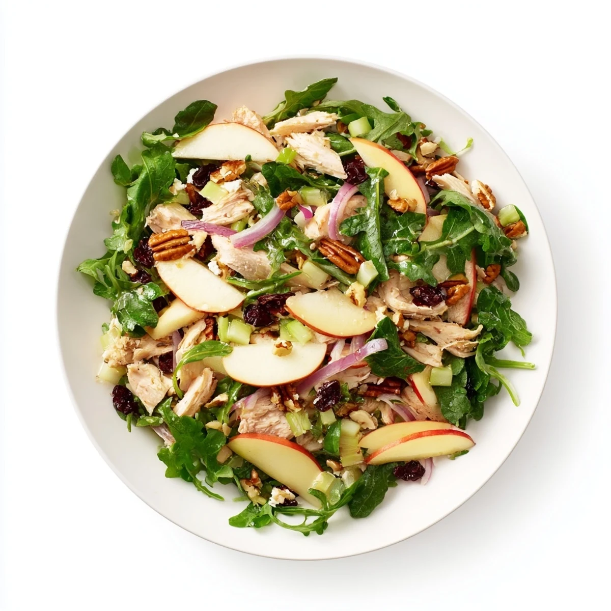 Chicken and Apple Winter Salad: A close-up of the flavorful salad with vibrant apples and shredded chicken.