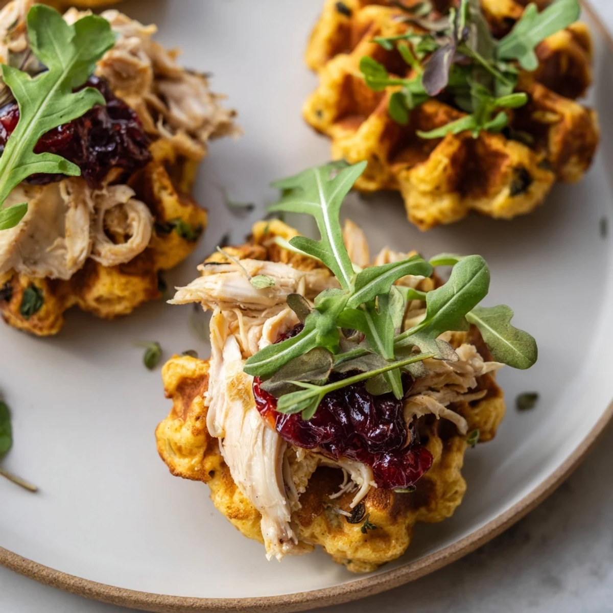 Imagine a close-up of Stuffing Waffle Chicken Sliders: savory, with vibrant garnishes and textures.