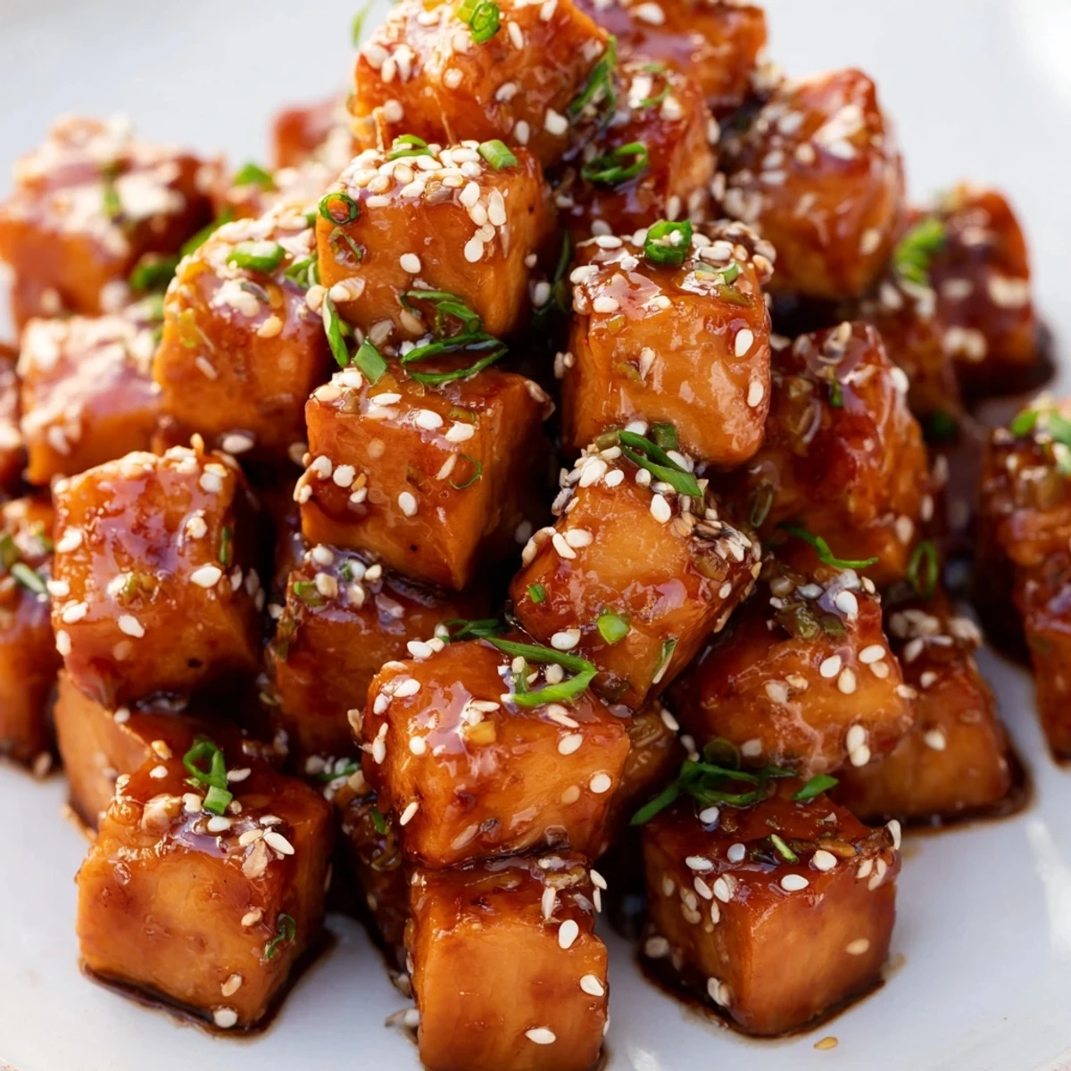 Air Fryer Turkey/Chicken Bites glistening with a honey-soy glaze, ready for serving with chives and sesame seeds.