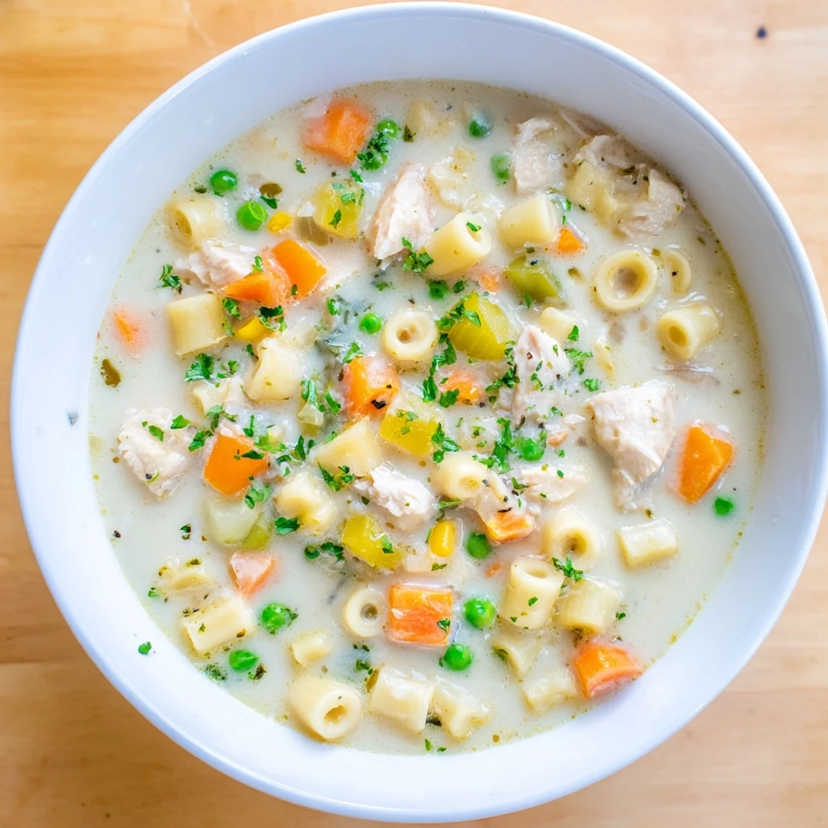 Warm, creamy Chicken Pot Pie Pasta Soup, garnished with parsley, ready for a delicious, satisfying meal.