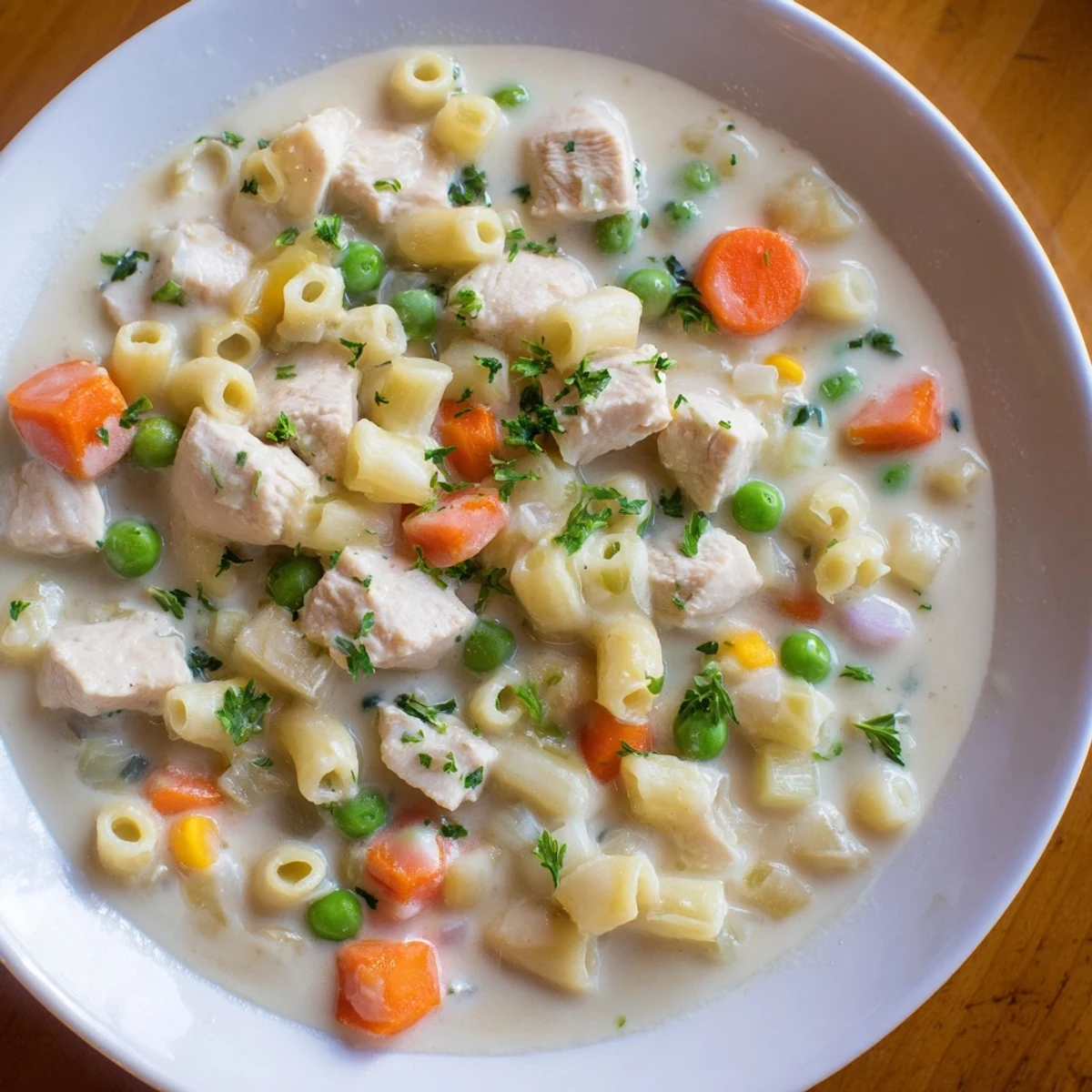 This Chicken Pot Pie Pasta Soup shows a close-up, a rich, flavorful deconstructed comfort food dish.