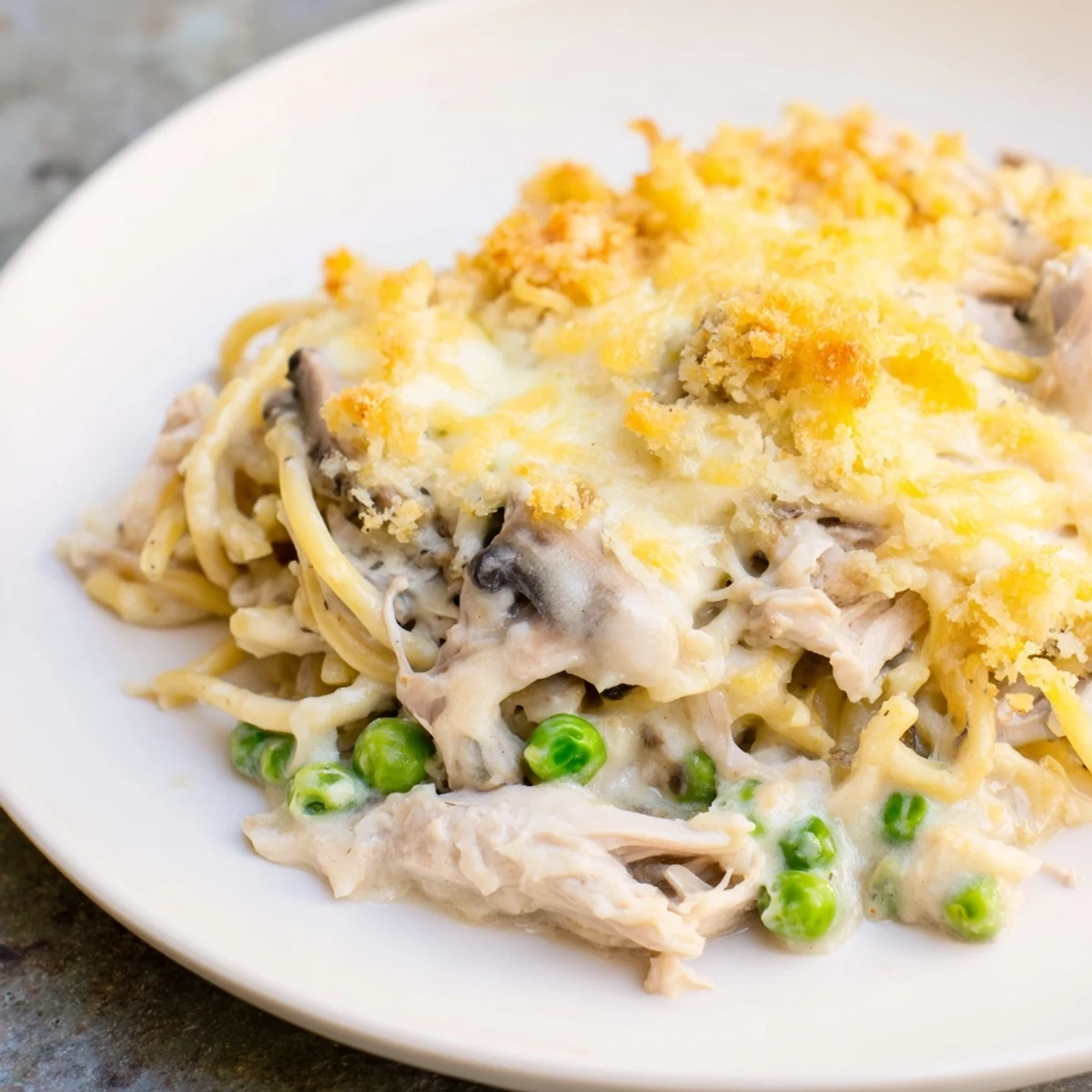 Golden-crusted Turkey Tetrazzini bake, a creamy casserole with savory shredded turkey and pasta.