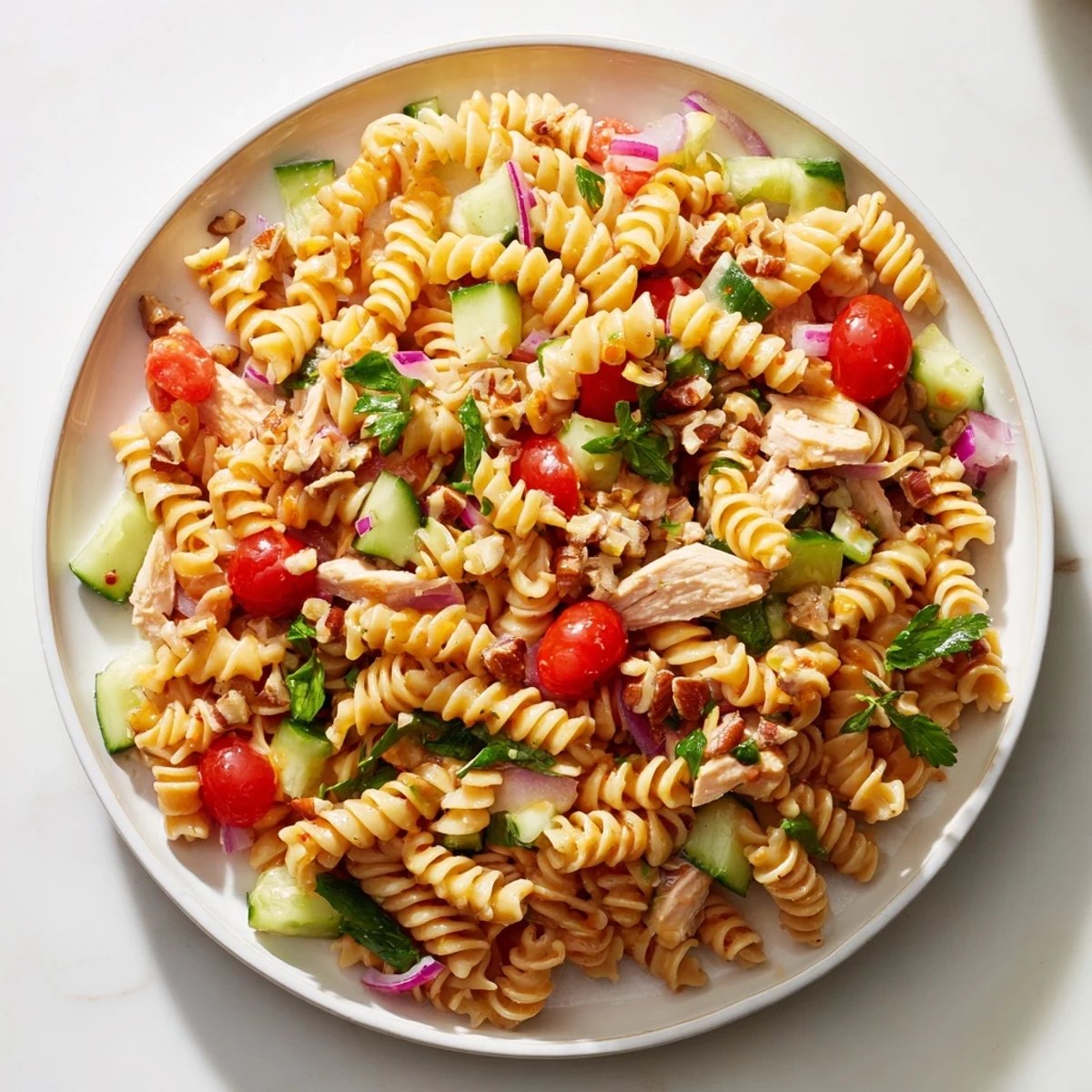 Pasta Salad with Cranberry Vinaigrette: A vibrant bowl, showing chilled pasta and chicken coated in cranberry dressing.