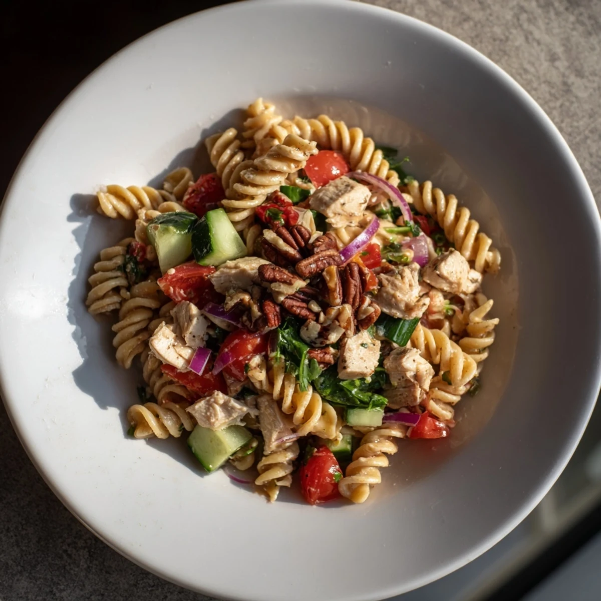A close-up view of Pasta Salad with Cranberry Vinaigrette, perfect for a light lunch, topped with toasted nuts.
