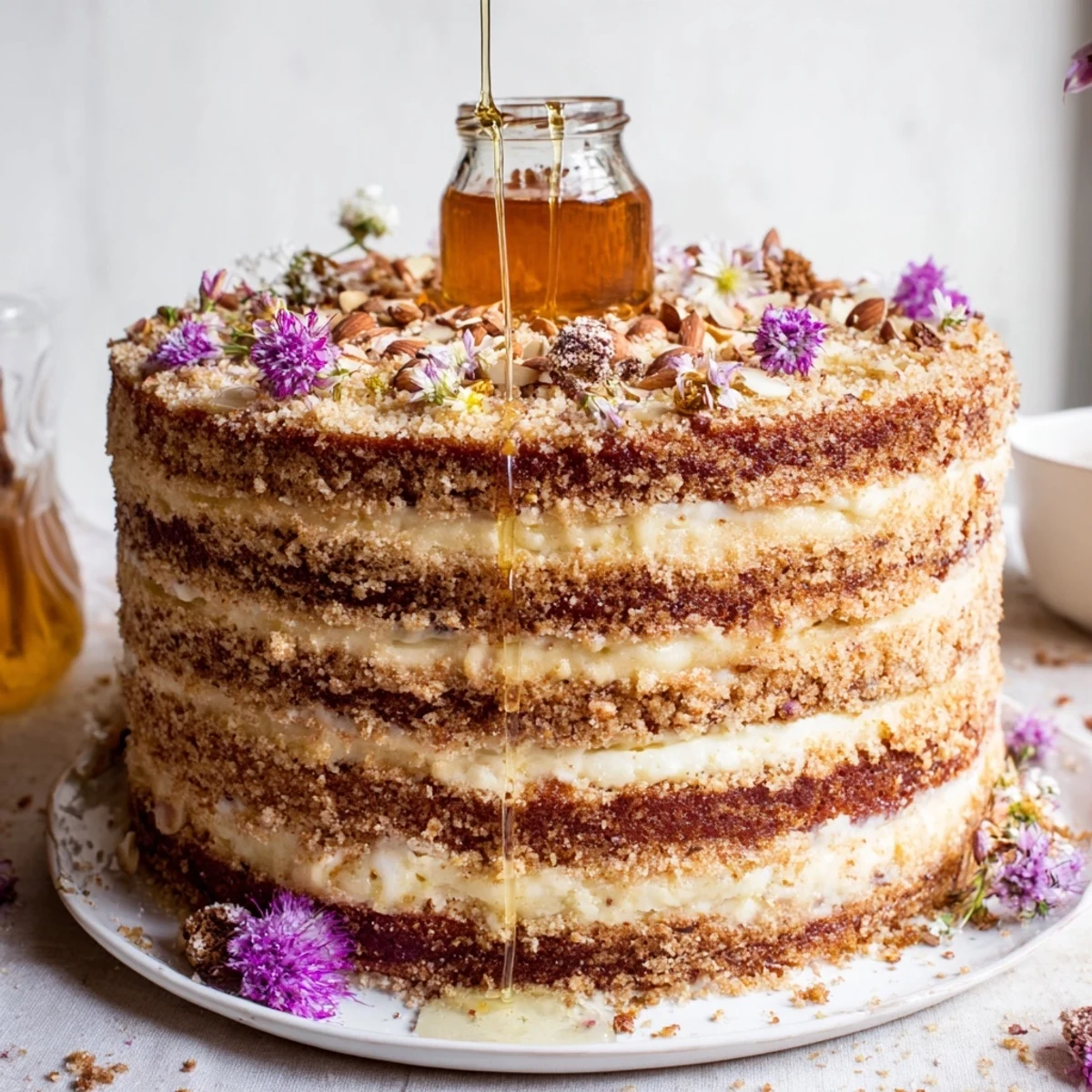 Golden honey drips from The Honey-Drip dessert, a visual delight of layered cake and flowing honey.
