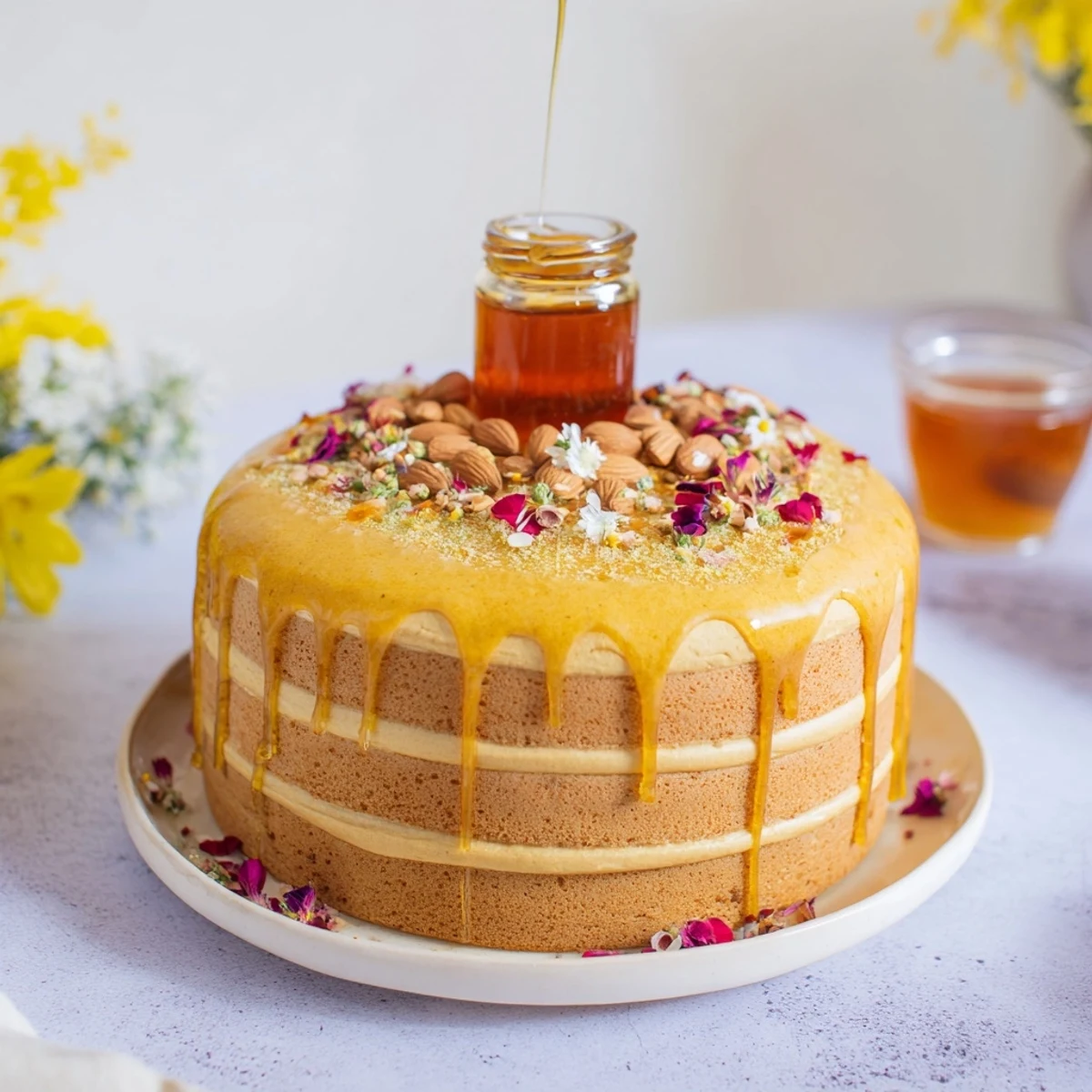 A close-up reveals The Honey-Drip, a decadent cake with chopped almonds, and a central honey pot overflowing.