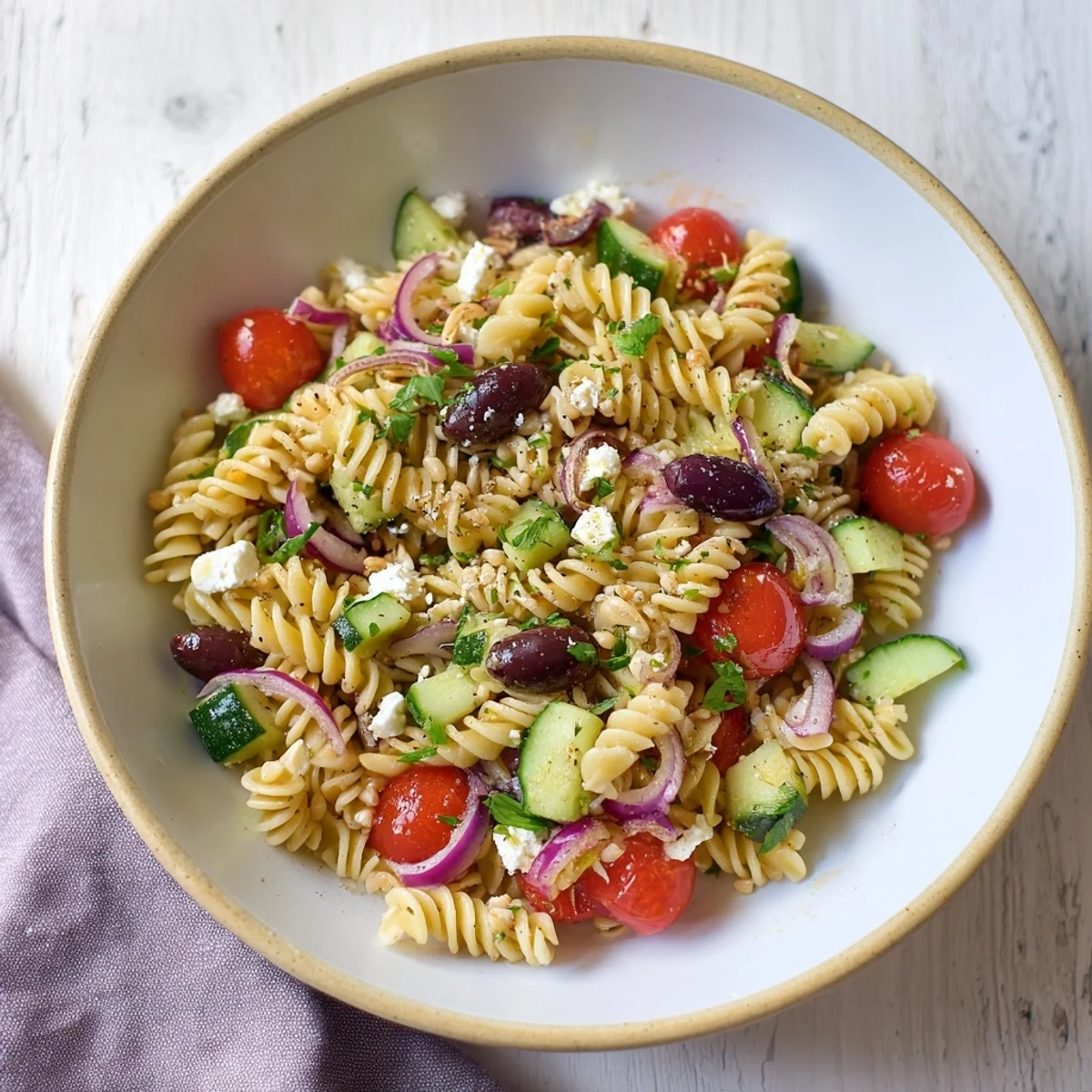 Mediterranean pasta salad with chickpeas, bursting with colorful vegetables, perfect for a light lunch.