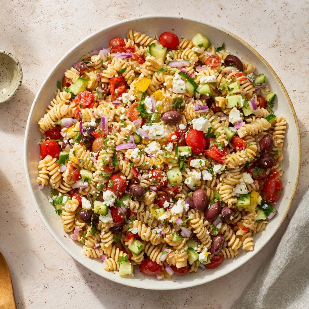 A refreshing bowl of Mediterranean pasta salad with chickpeas, tossed in a zesty, bright lemon dressing.