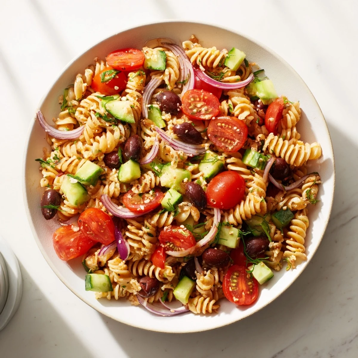 Creamy feta complements the hearty Mediterranean pasta salad with chickpeas; enjoy this vibrant summer meal.