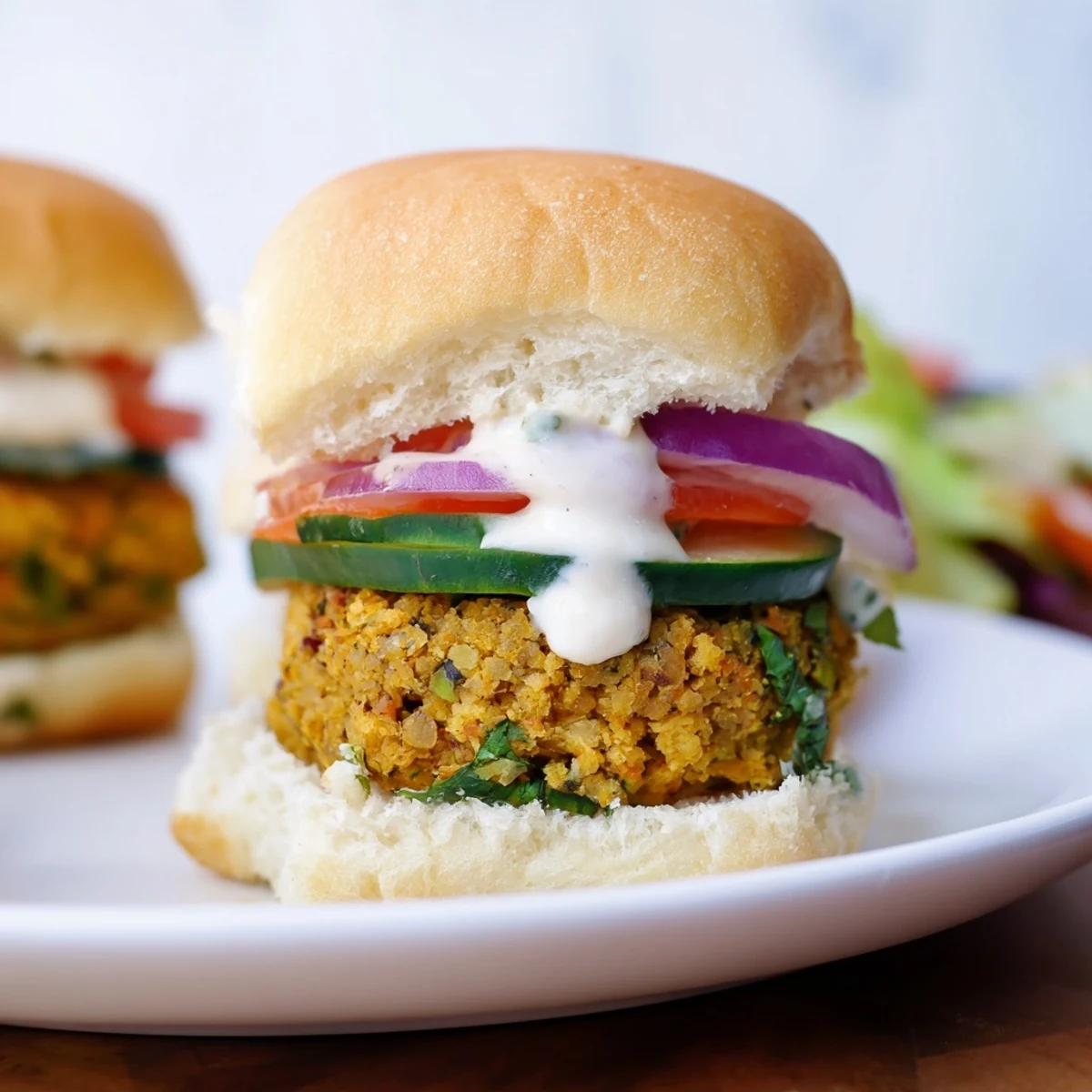 Golden-brown baked falafel sliders, nestled in toasted buns, ready to be enjoyed with fresh toppings.