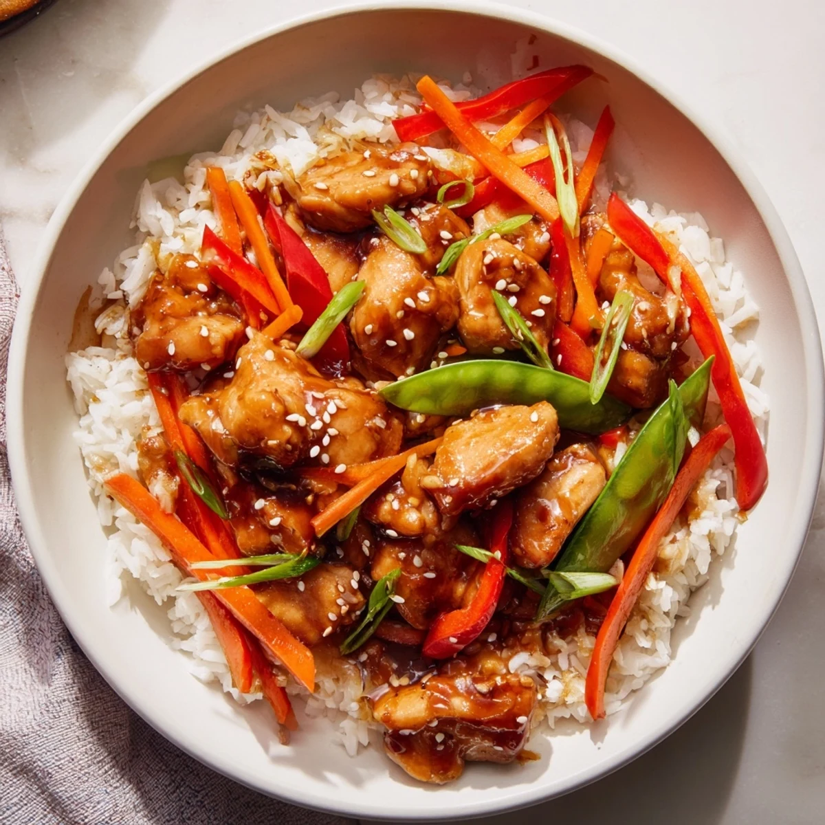 Steaming Sesame Ginger Rice Bowl with colorful veggies, tender chicken, and a savory sauce.