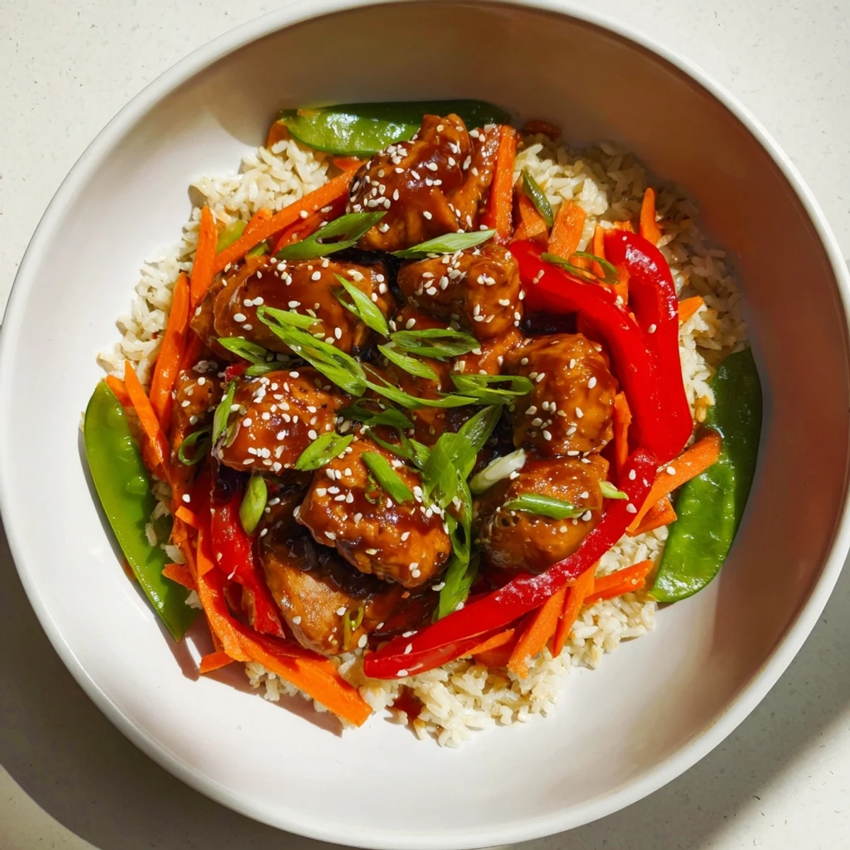 Close-up of a flavorful Sesame Ginger Rice Bowl, ready to serve with fresh cilantro and lime wedges.