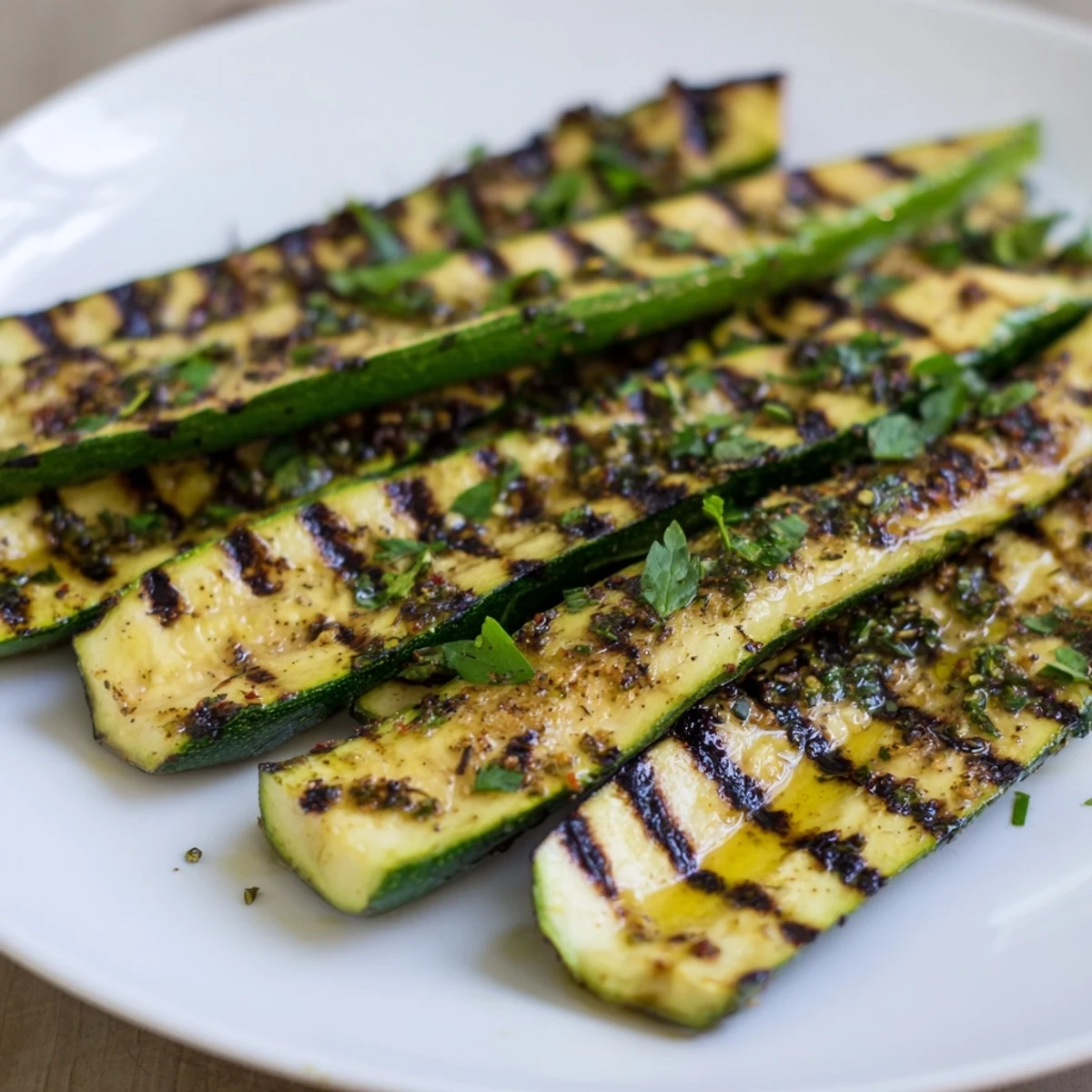 Freshly grilled Garlic Herb Grilled Zucchini, showing char marks and vibrant green herbs scattered across the bright slices.