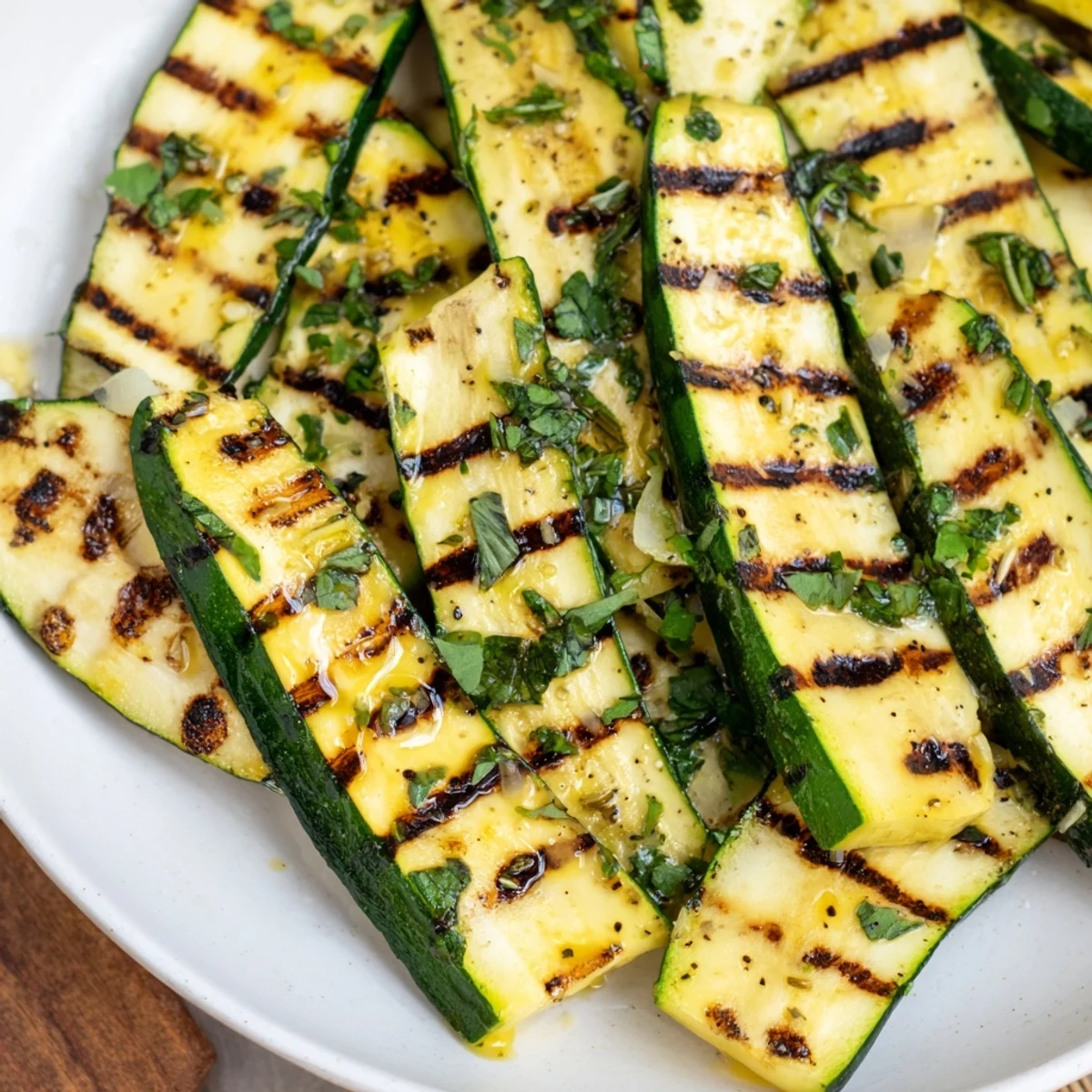 Golden-brown pieces of Garlic Herb Grilled Zucchini glistening with olive oil, ready for a delicious Mediterranean side.