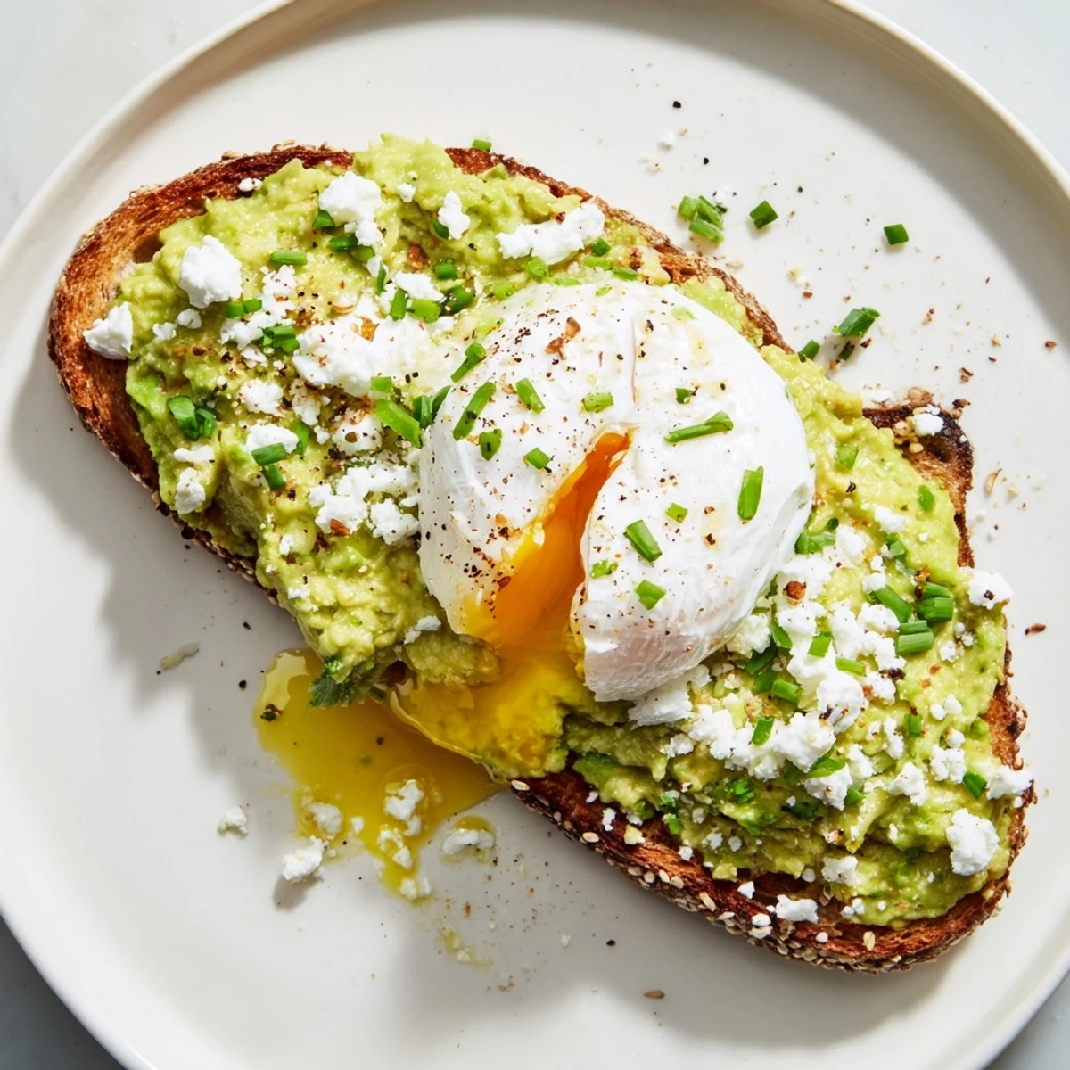 Savory avocado toast with everything bagel seasoning: imagine crispy toast topped with green, mashed avocado.