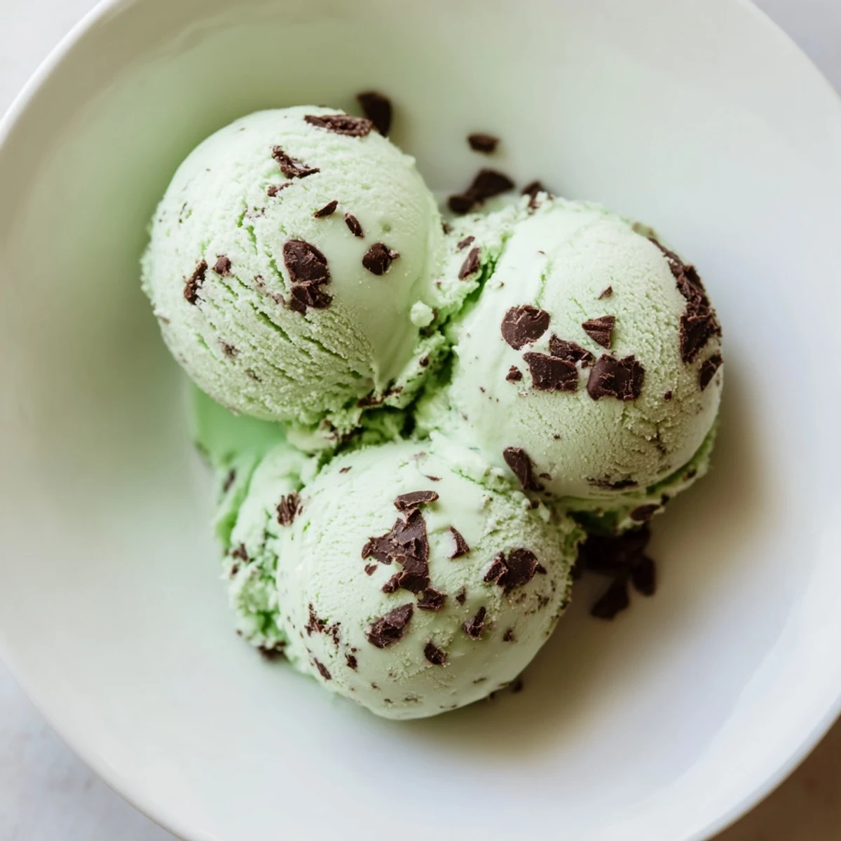 Creamy texture of Mint Chocolate Chip Ice Cream, swirled with refreshing mint and chocolate chips.