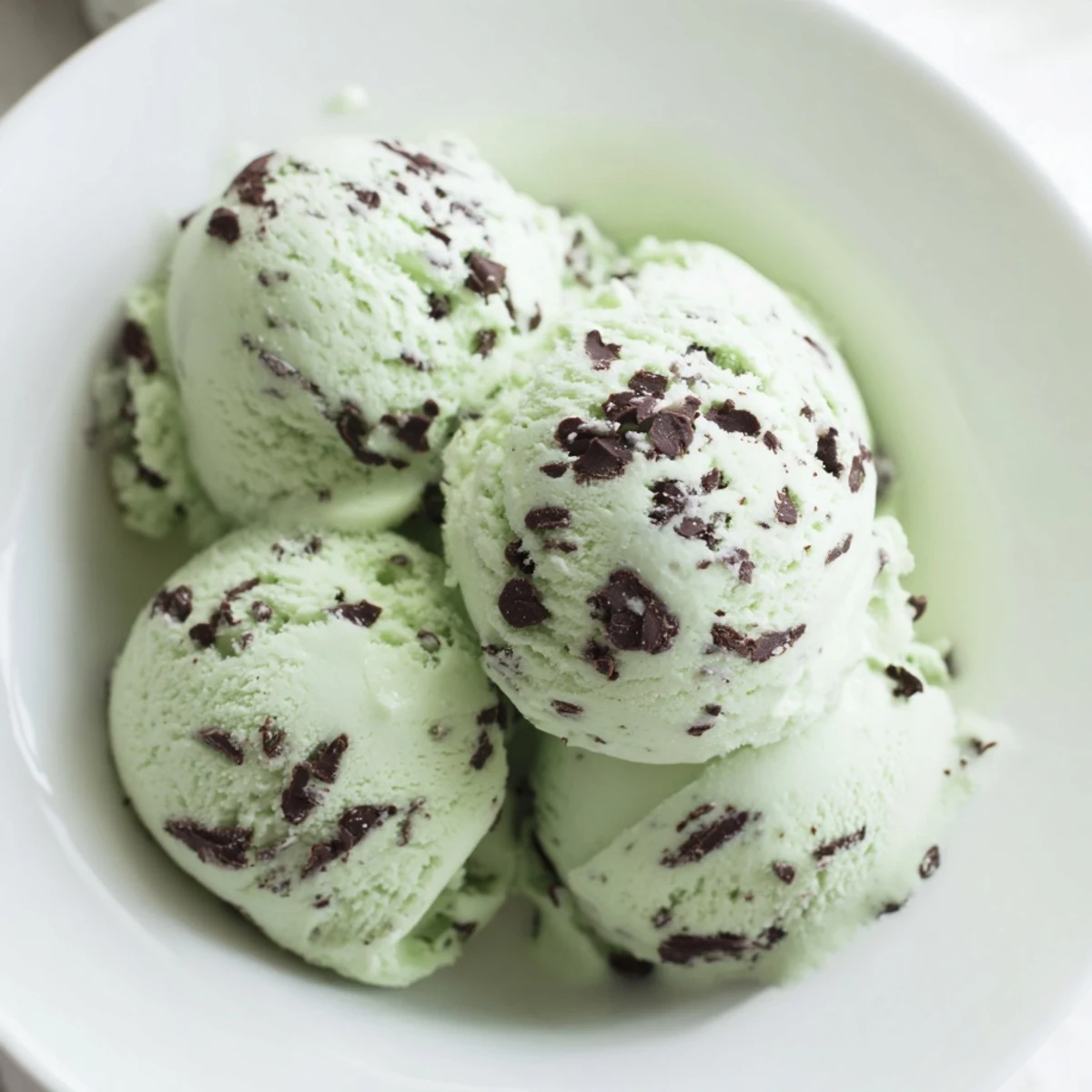 A scoop of homemade Mint Chocolate Chip Ice Cream, garnished and ready for a sweet treat.