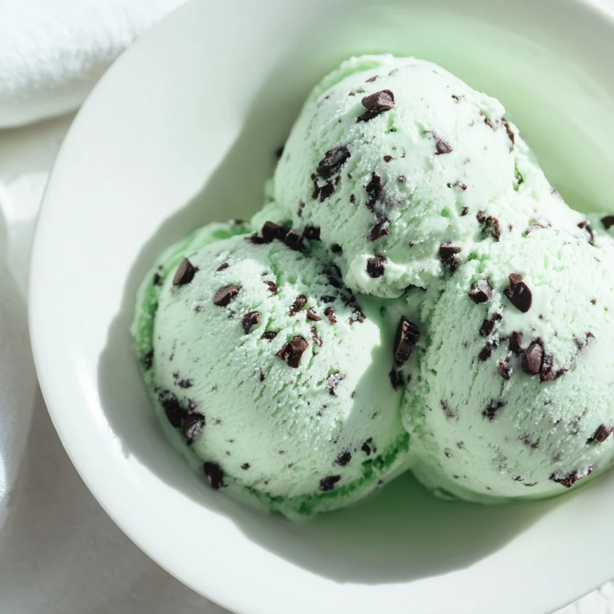 Cool and refreshing bowl of Mint Chocolate Chip Ice Cream, perfect for a hot summer day.