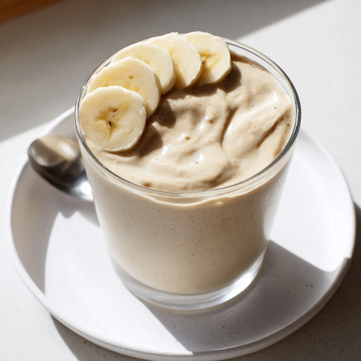 Silky peanut butter banana smoothie, thick and swirled, ready in a tall serving glass.