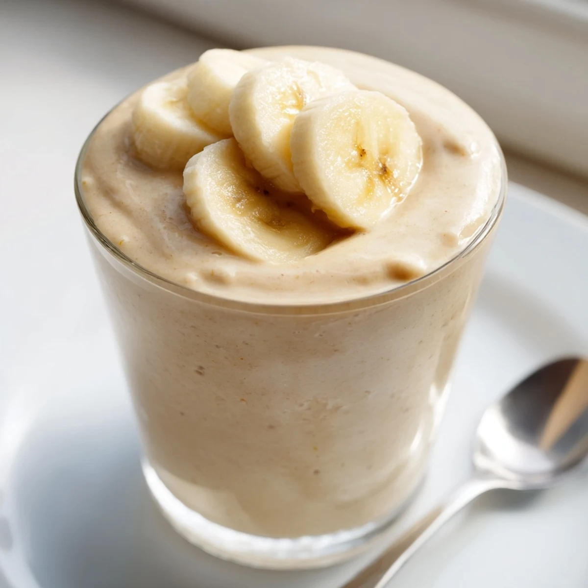 A vibrant close-up shows a creamy peanut butter banana smoothie, perfect for a quick breakfast.