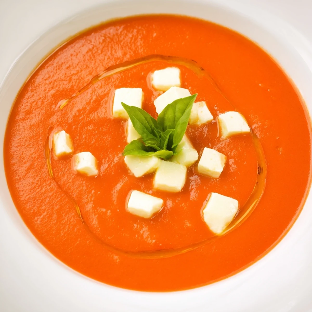 Steaming bowl of Creamy Tomato Mozzarella Soup, showcasing melted mozzarella and fresh basil garnish.