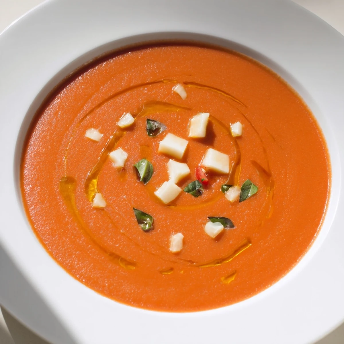 A close-up view of velvety smooth Creamy Tomato Mozzarella Soup, richly seasoned and ready to enjoy.