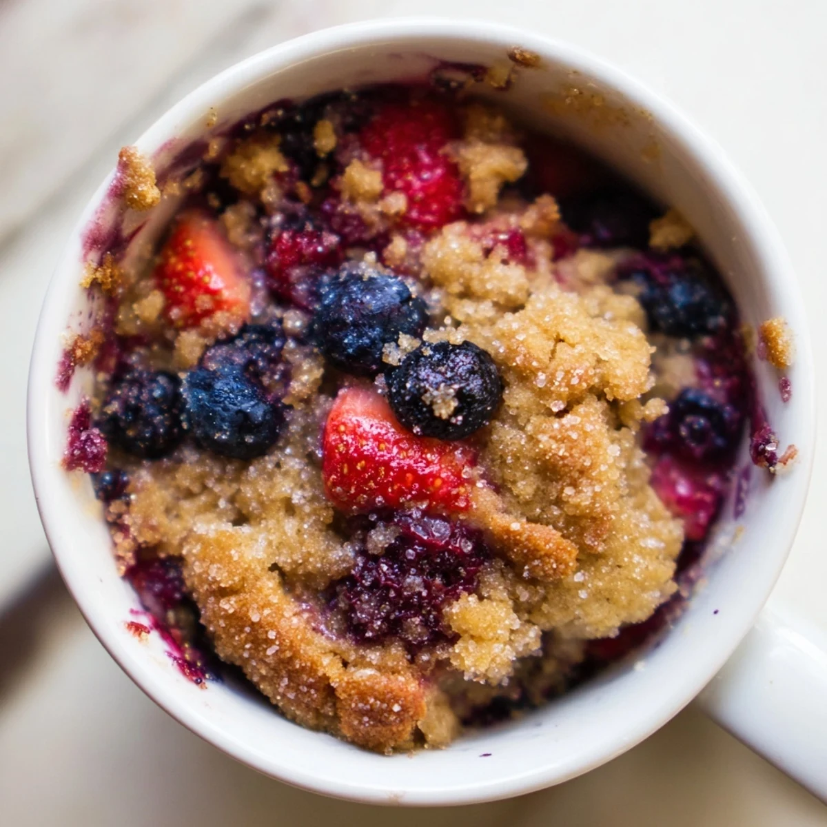 Golden Mixed Berry Cobbler Mug Cake, glistening with melted butter, bursting with cooked, juicy berries.