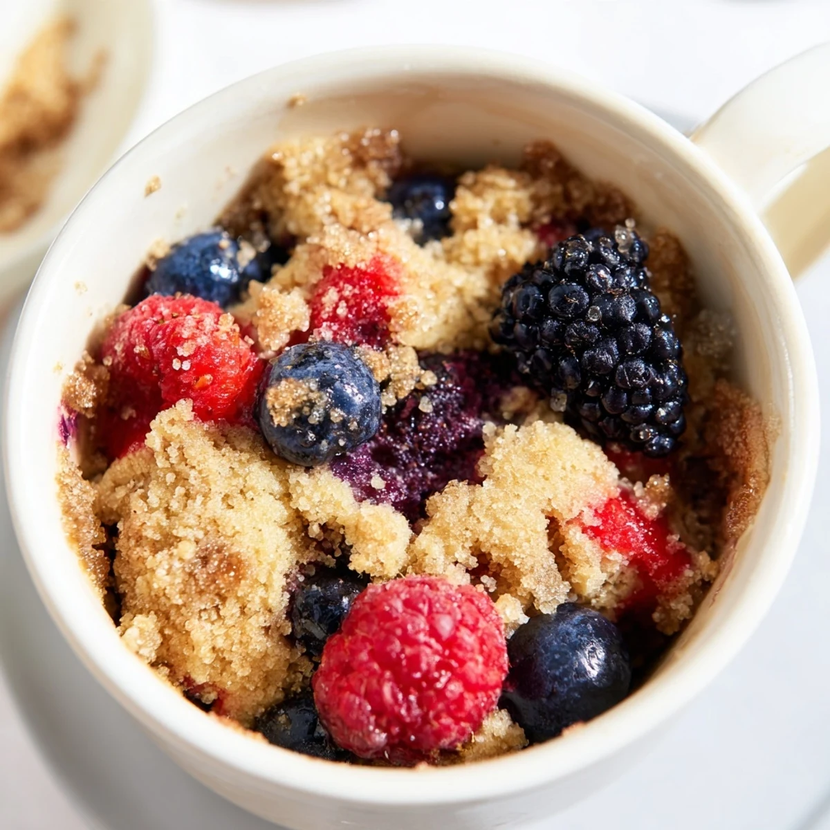 Warm Mixed Berry Cobbler Mug Cake fresh from the microwave, topped with a browned, sweet cobbler crust.