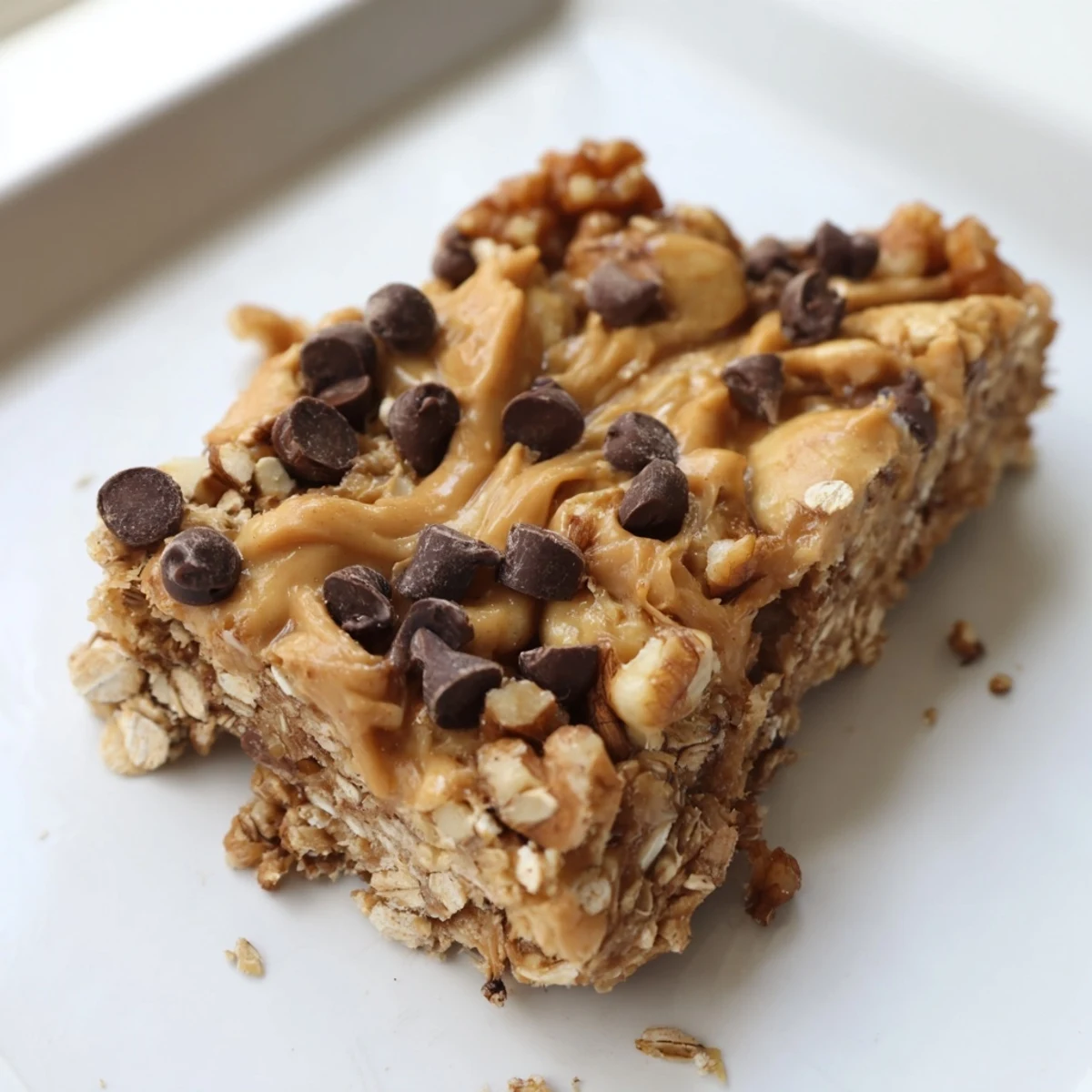 Chewy Peanut Butter Banana Oat Bars, showing a close-up of the no-bake snack with visible oats and peanut butter.