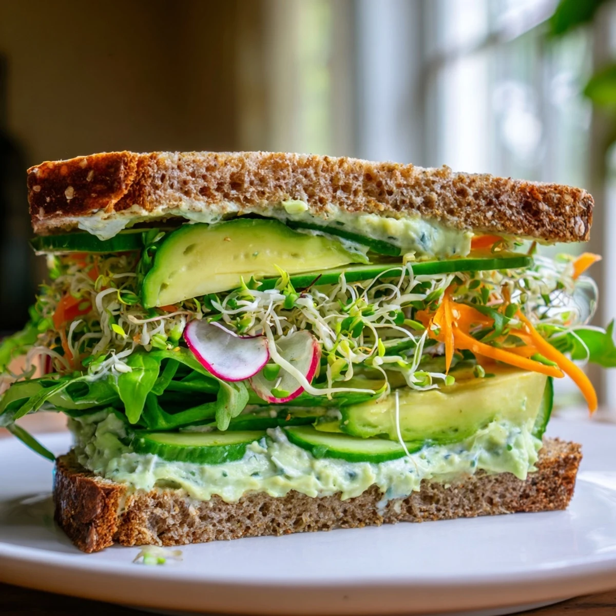 Bright green Green Goddess Sandwich, packed with fresh veggies and creamy avocado, perfect for lunch.
